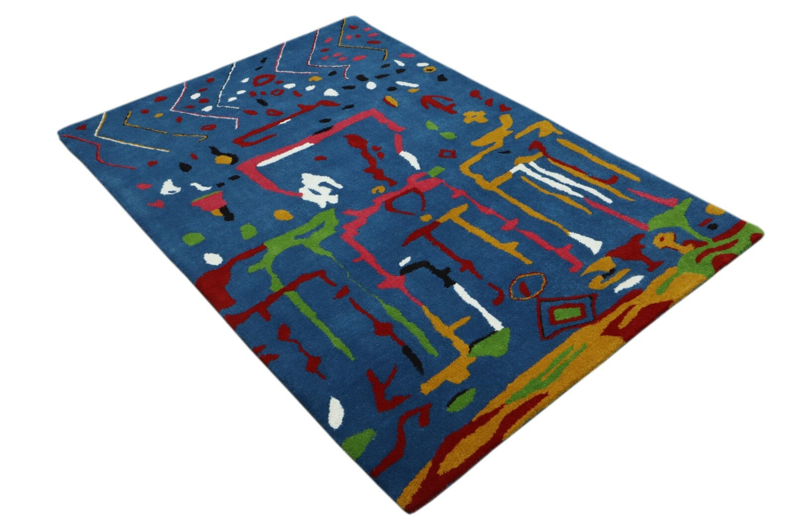 Wollteppich 120x180 Blau Bunt Abstrakt Marokko Design Teppich Handgetuftet HT302