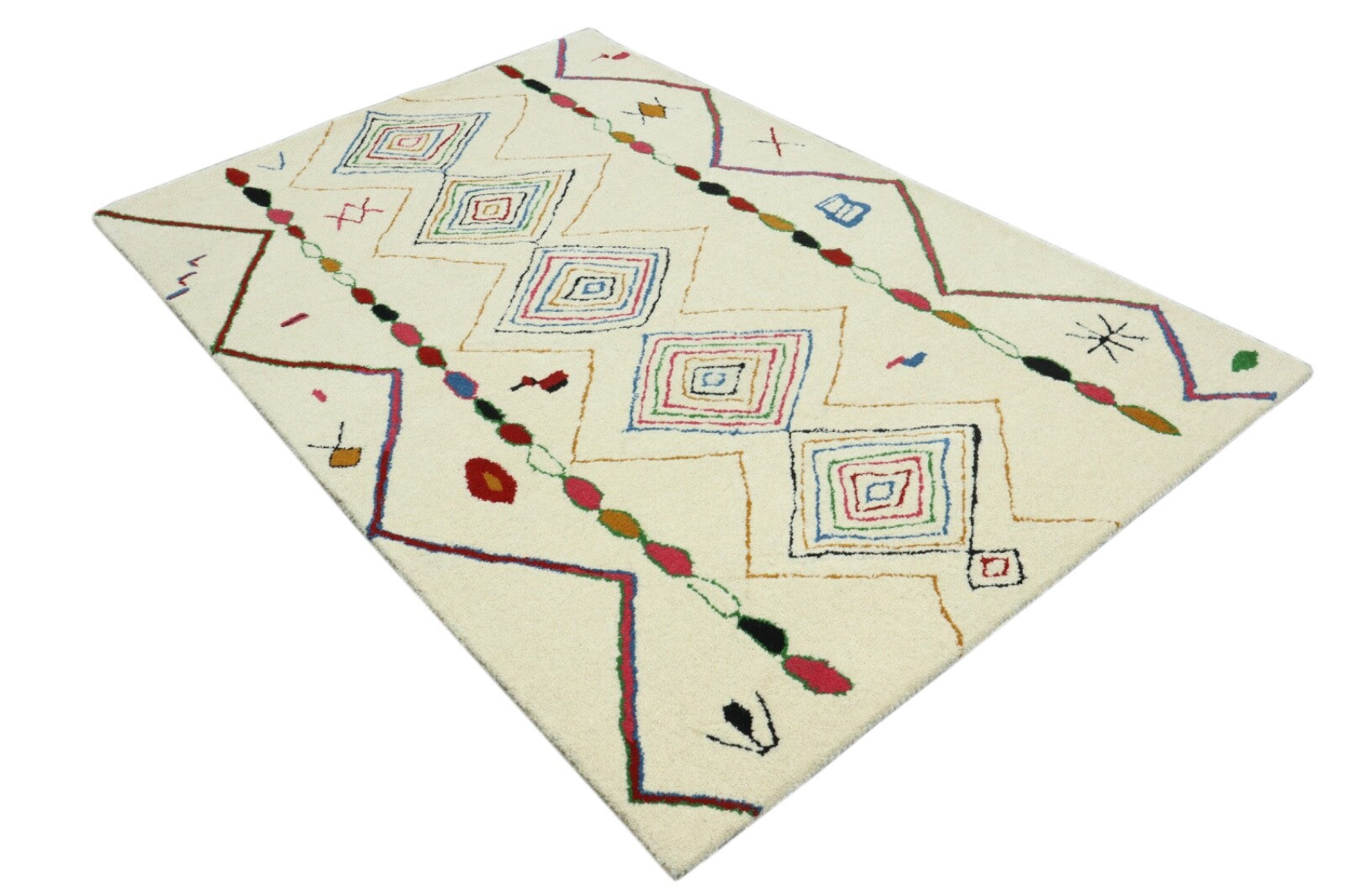 Volnena preproga 120x180, krem, večbarvna, maroška, ​​ročno tkana, HT314