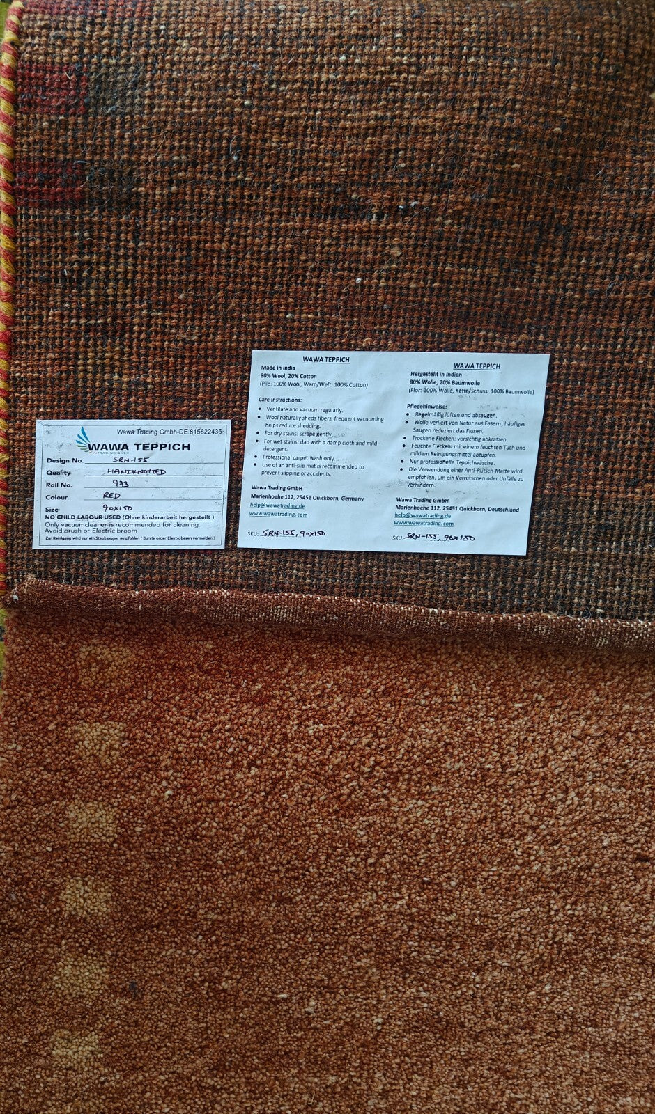 Tappeto moderno da soggiorno in lana annodato a mano 90x150 rosso vintage SH155