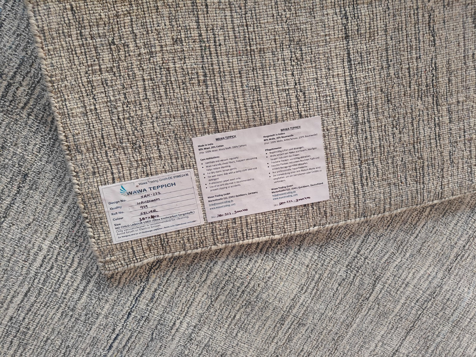 Handgewebter Teppich 300x400 Silber Glanzoptik Leinen Flach Wohnzimmer SH222