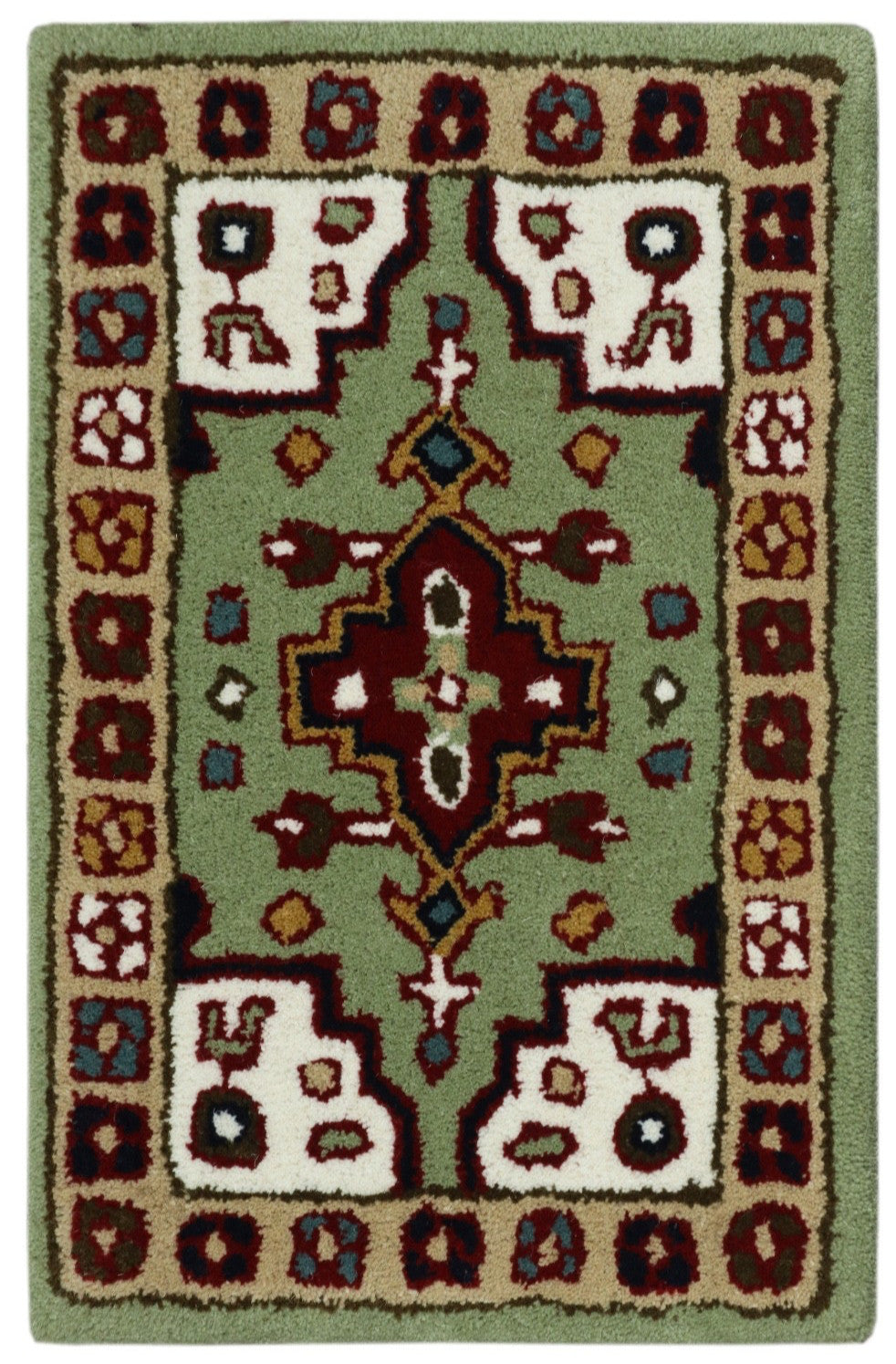 Wollteppich 40x60 Grün Beige Oriental Handgemacht Türvorleger Fussmatte HT373G