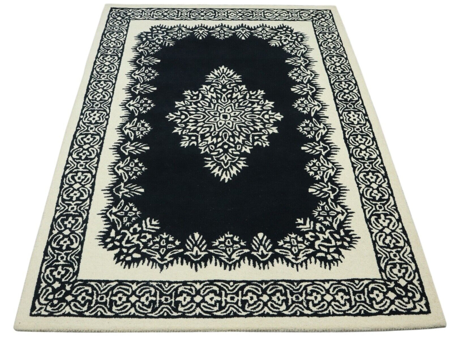 Orient Teppich 100% Wolle 160X230 cm DunkelBlau Schwarz Beige Handgetuftet T938