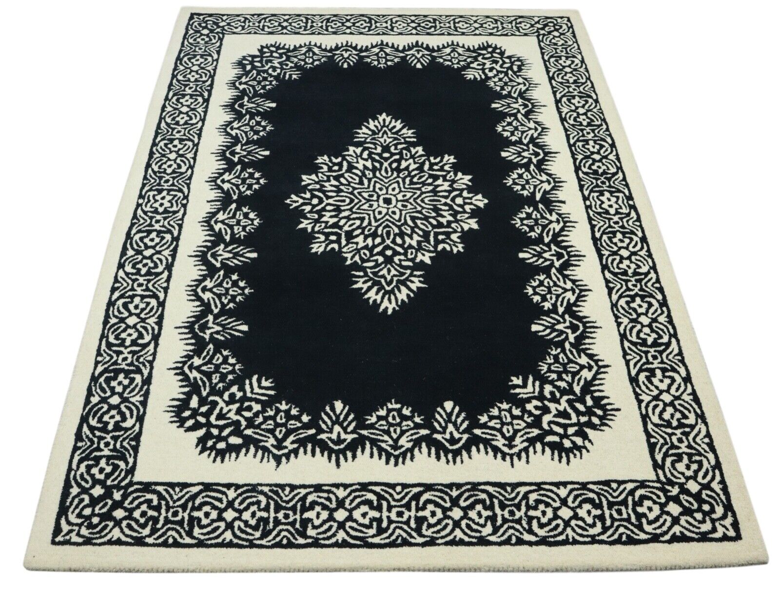 Orient Teppich 100% Wolle 160X230 cm DunkelBlau Schwarz Beige Handgetuftet T938