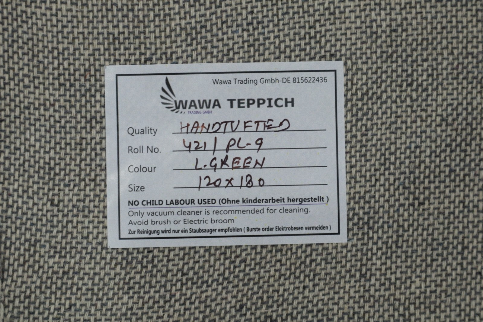 Gabbeh Teppich 100% Wolle Hellgrüne Uni Farbe 120x180 cm Handgemacht PL9