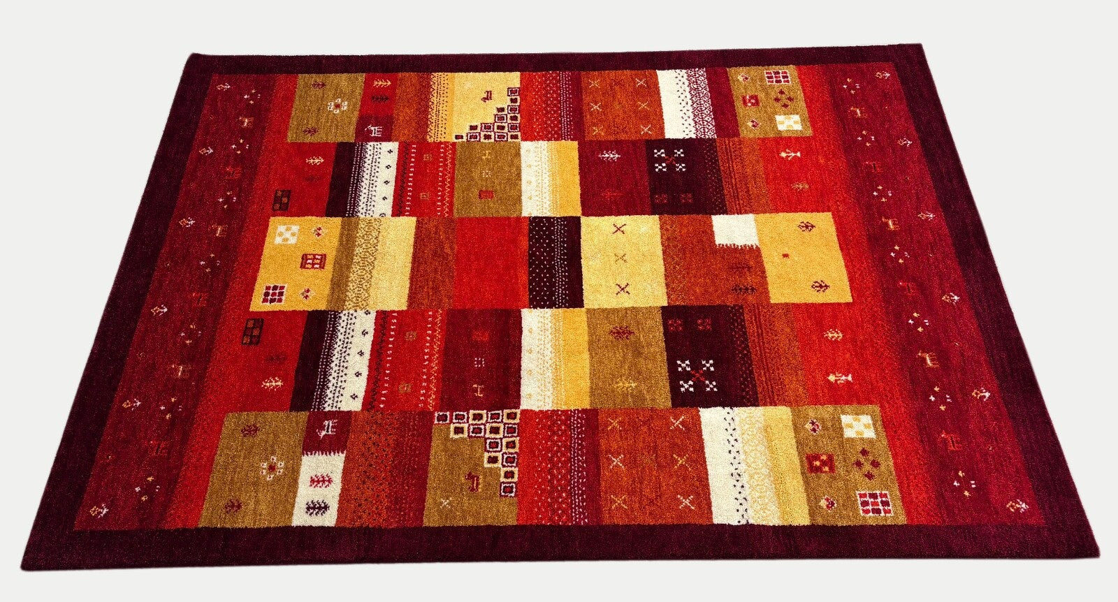 Gabbeh Wollteppich 170x240cm Handgeknüpft 100% Schurwolle Rot Mehrfarbig PT01
