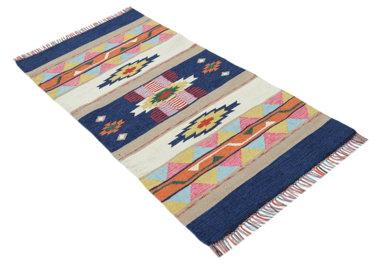 Kelim Teppich 100% Baumwolle flach gewebt mit Fransen Kilim Dhurrie 8 Designs CT