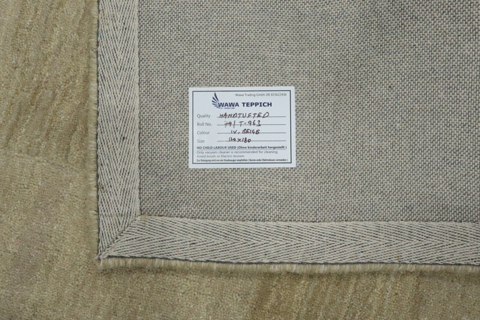 米色地毯，100%羊毛，120x180厘米，手工制作，手工簇绒，T963