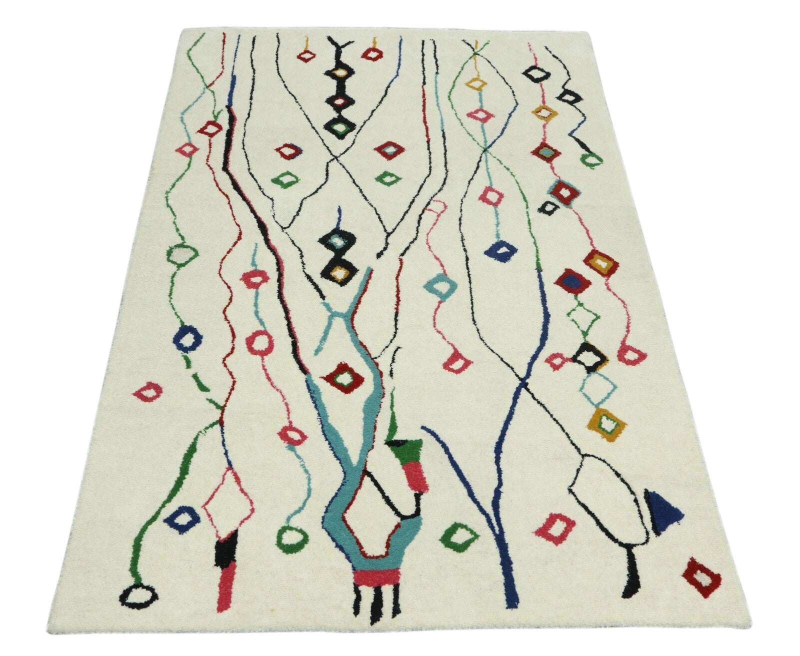 Wollteppich 120x180 Beige Schwarz Ethno Abstrakt Muster Teppich Handgetuftet 309