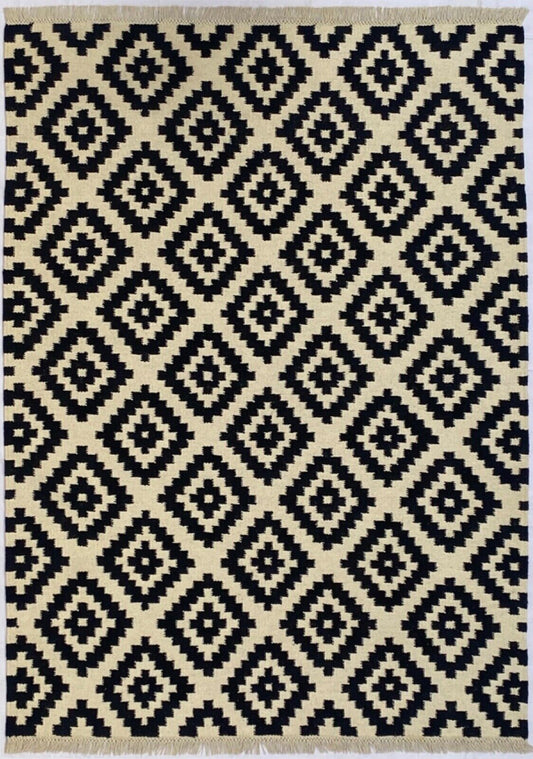 Handgefertigte Kilim Dhurry Teppich 160x230 cm Schwarz Elfenbein 100% Wolle 503