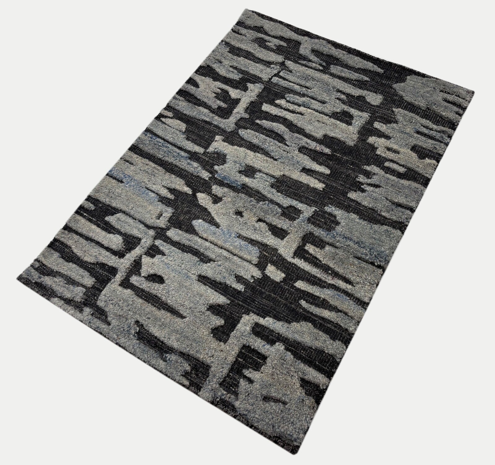 Tappeto annodato a mano in lana 100% 60x90cm Design moderno Naturale Grigio Blu ST148