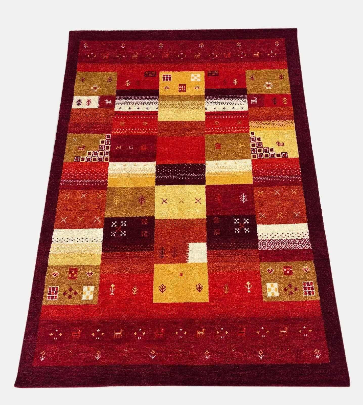 Gabbeh Wollteppich 170x240cm Handgeknüpft 100% Schurwolle Rot Mehrfarbig PT01