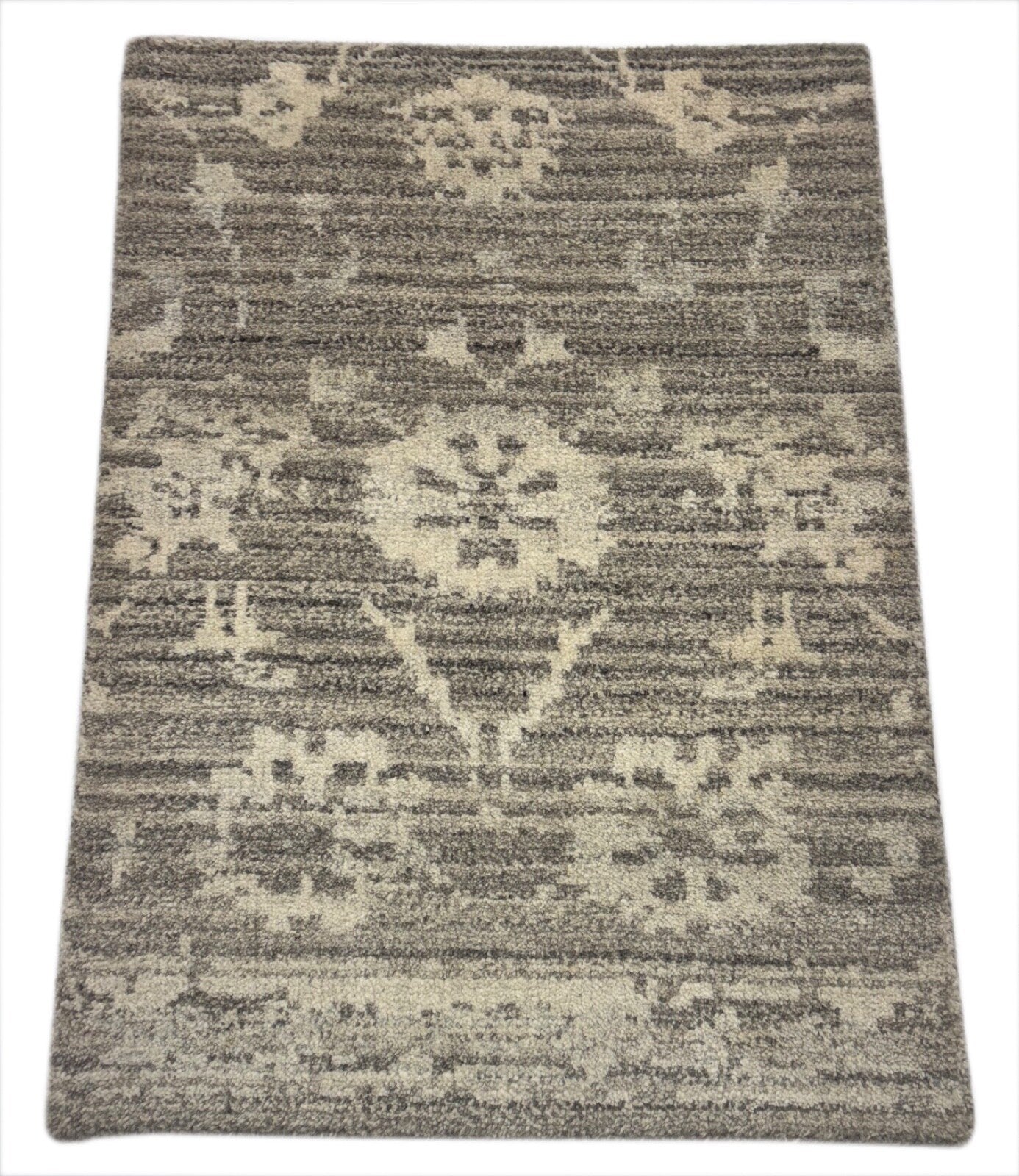 Tappeto in lana annodato a mano 60x90cm a pelo corto moderno grigio chiaro naturale D739