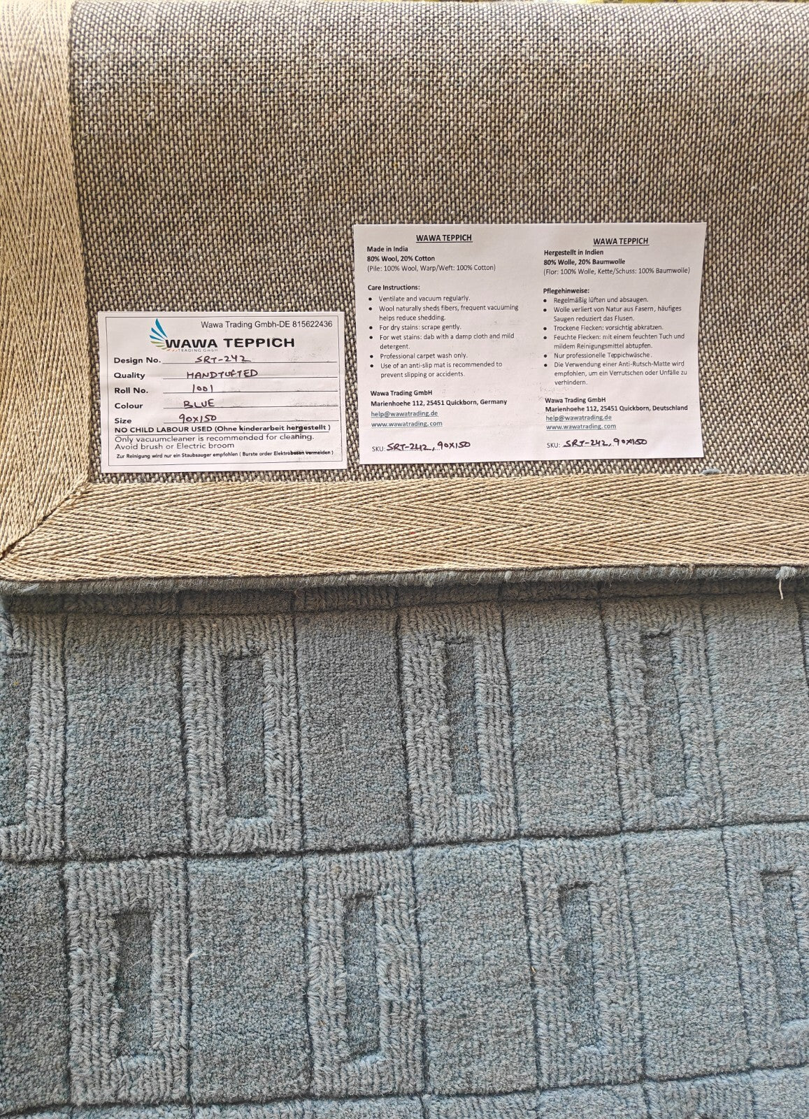 Handgetufteter Wolle teppich 90x150 Blau Modern Wohnzimmer SH242