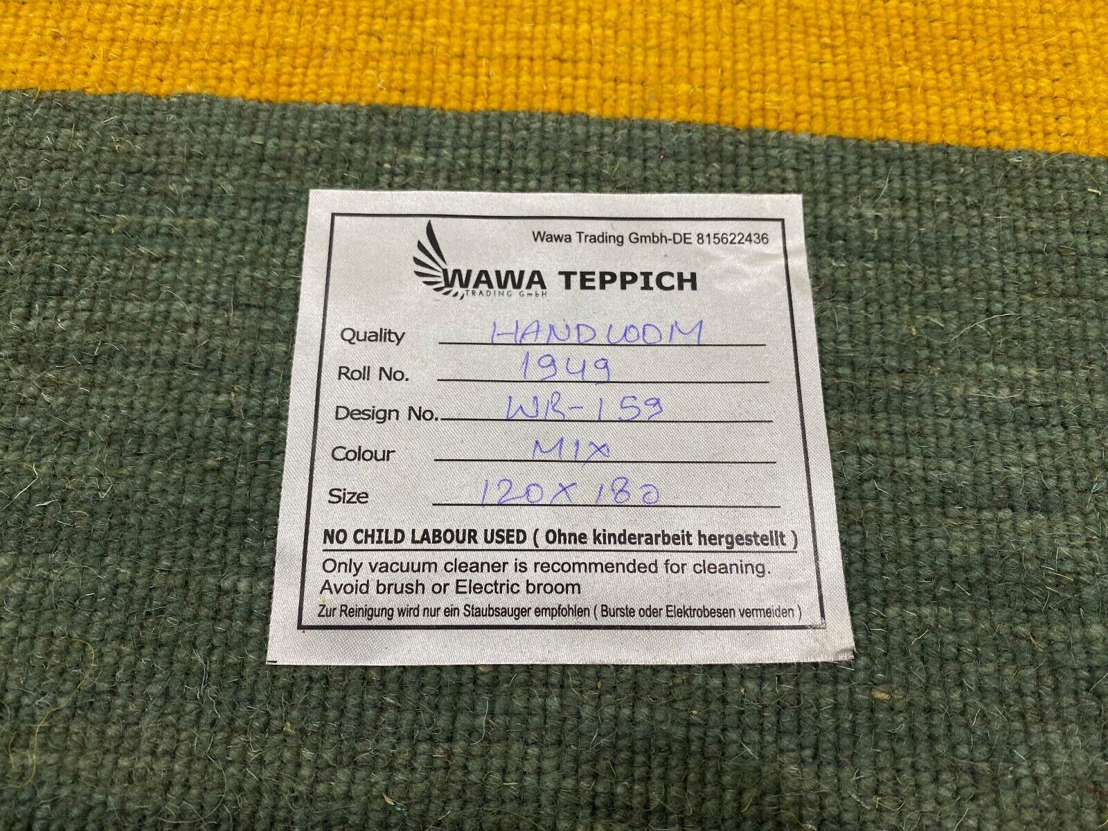 Grün Gold Teppich 100% Wolle Gabbeh 120x180 cm Handgewebt Home Deko WR159 