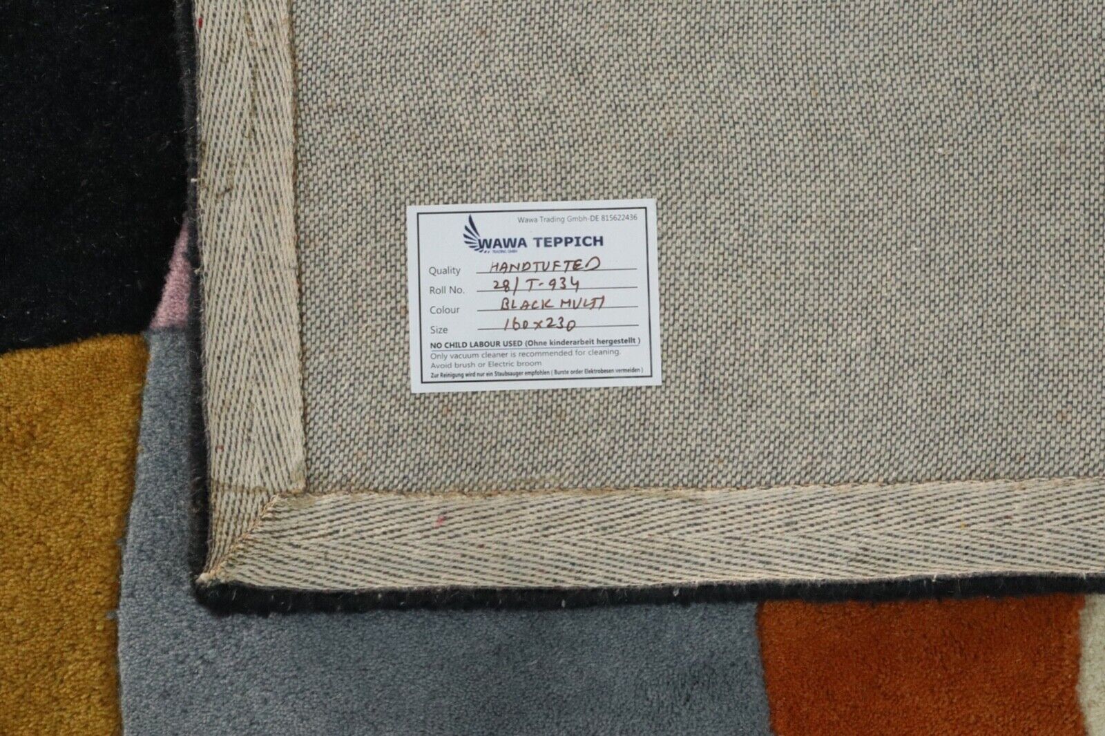 Tappeto nero e multicolore, 100% lana, 160x230 cm, fatto a mano, annodato a mano, T934