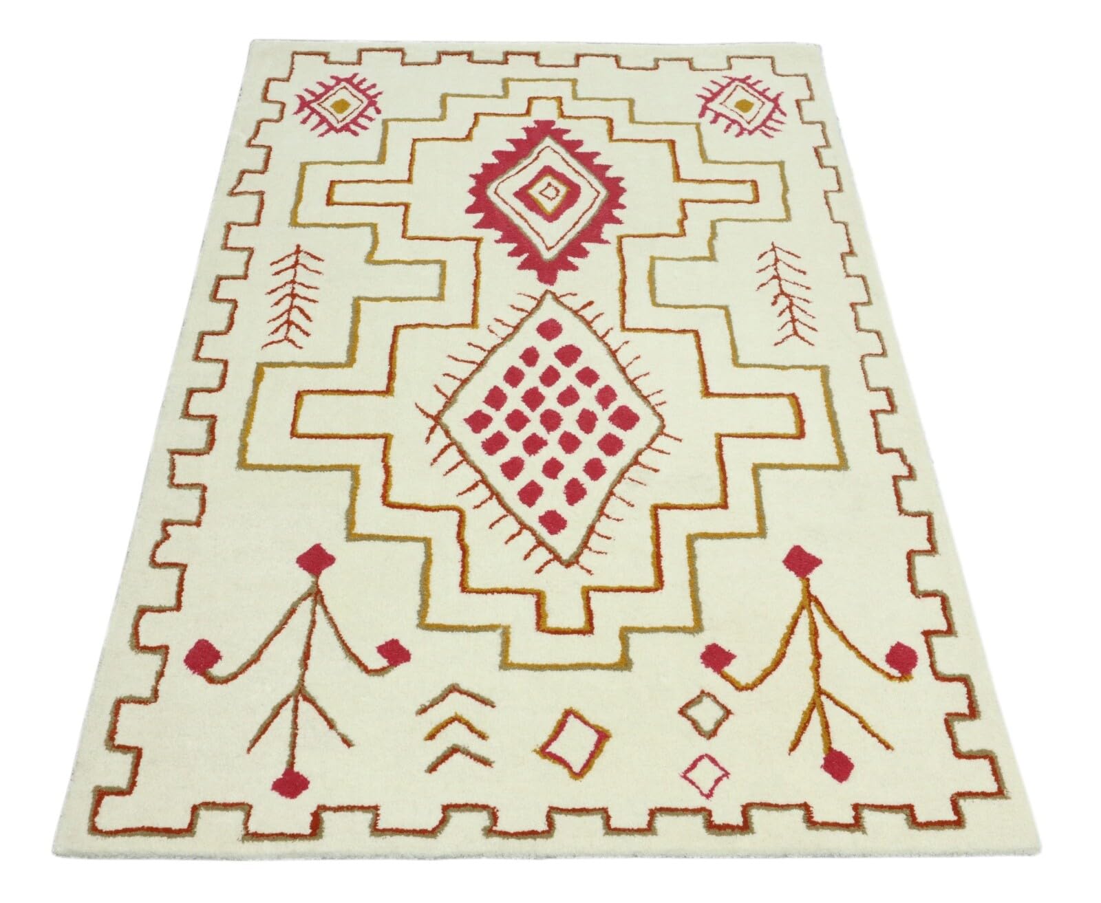 Wollteppich 120x180 Beige Rot Marokko Berber Muster Teppich Handgetuftet HT306