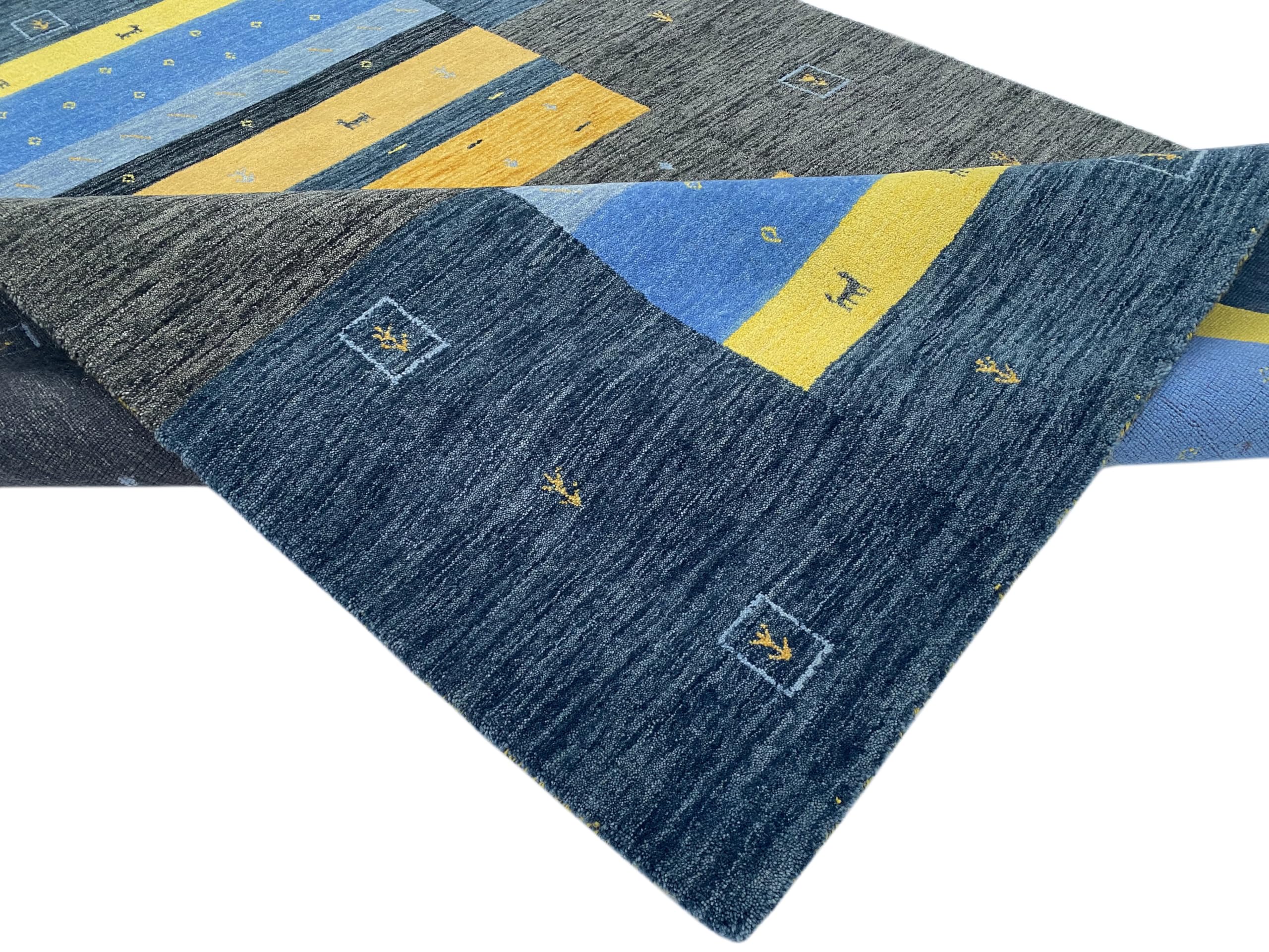 Grau Gabbeh Teppich 100% Wolle 170x240 cm Gold Blau Handgewebt Orientteppich 103