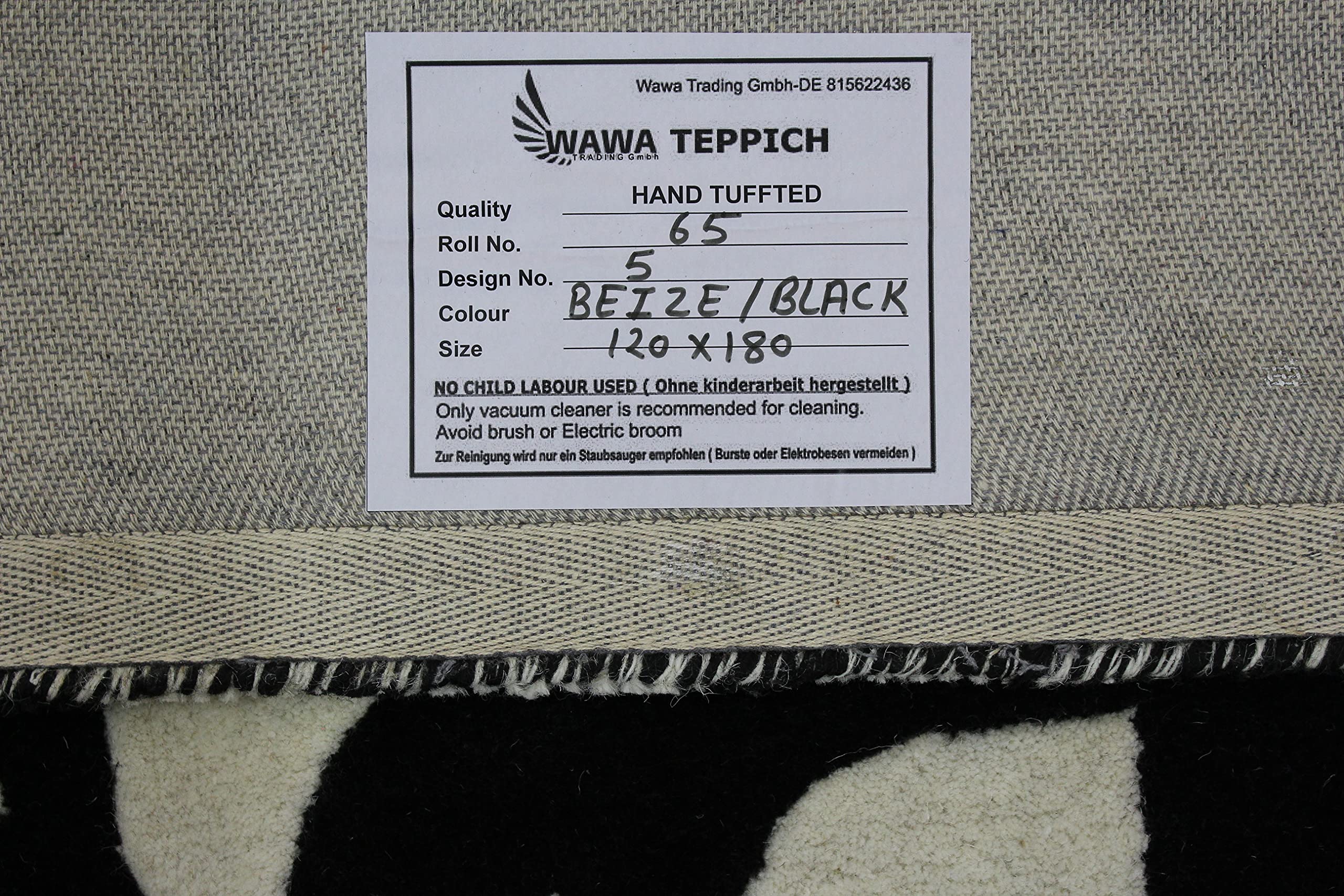 Schwarz Beige 100% Wolle Teppich Handarbeit (ME-5, 120 x 180 cm)