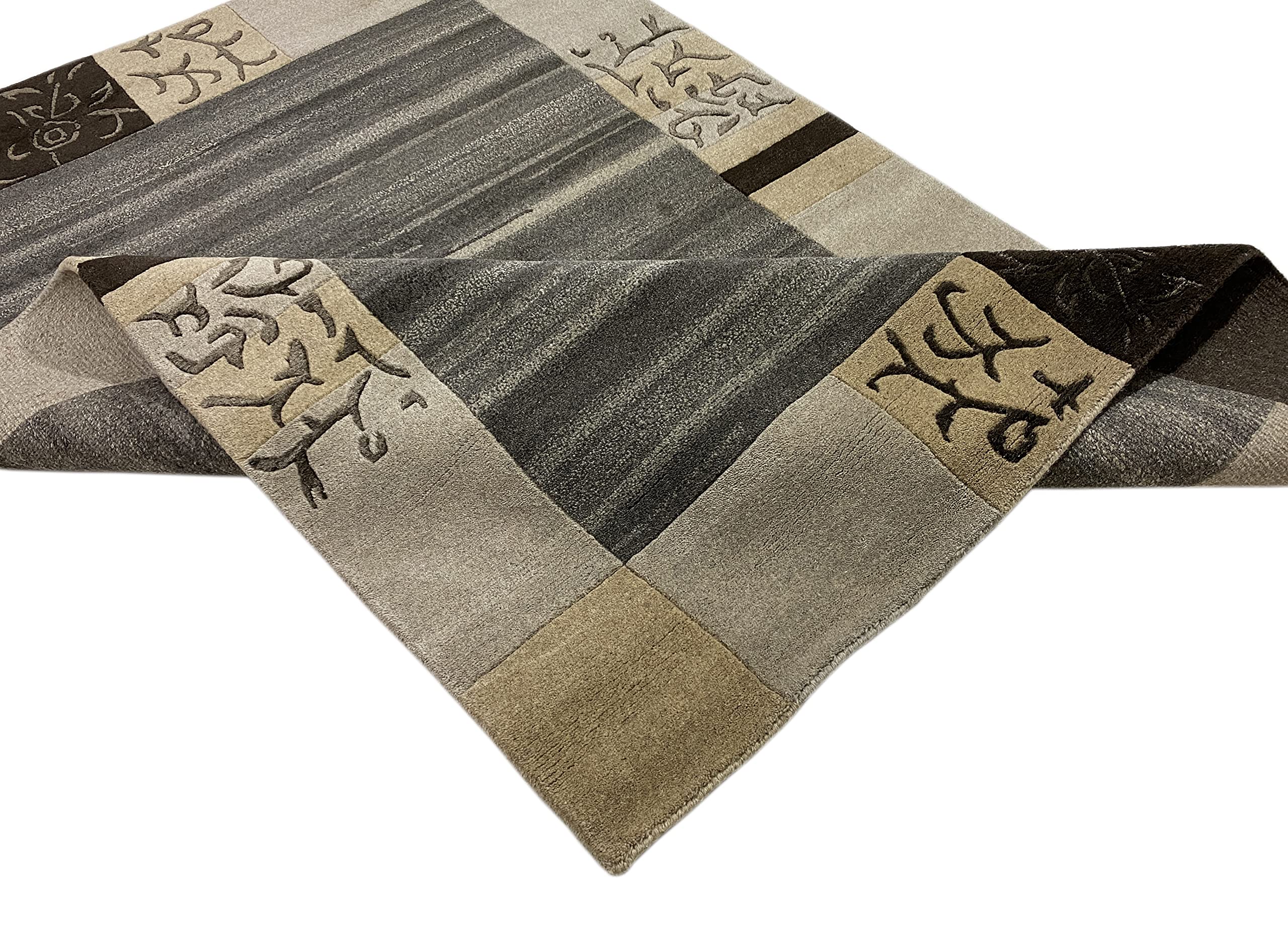 wawa Indo Nepal Handgeknüpft Teppich Beige Grau Schwarz 100% Wolle Hochwertiger Orientteppich (200 x 300 cm)