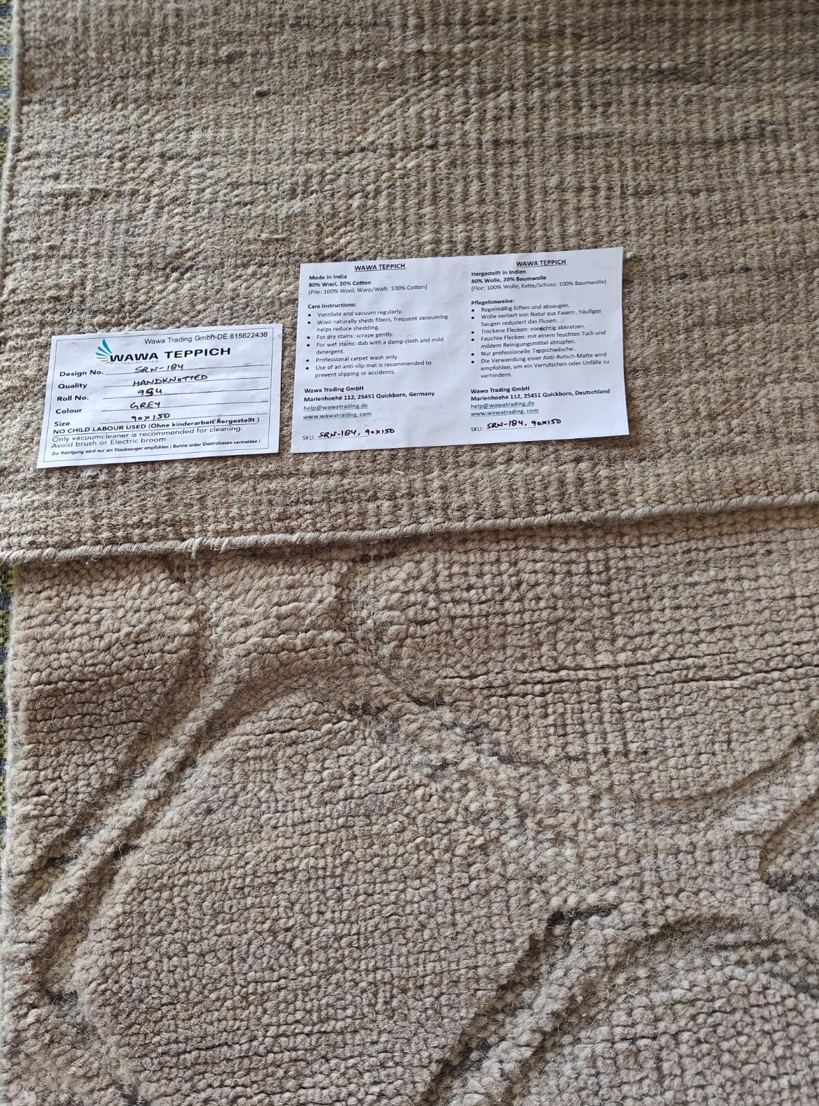 Modernes Handgeknüpfter Wolle 90x150 Compatible with Vintage grau Wohnzimmer Teppich SH184