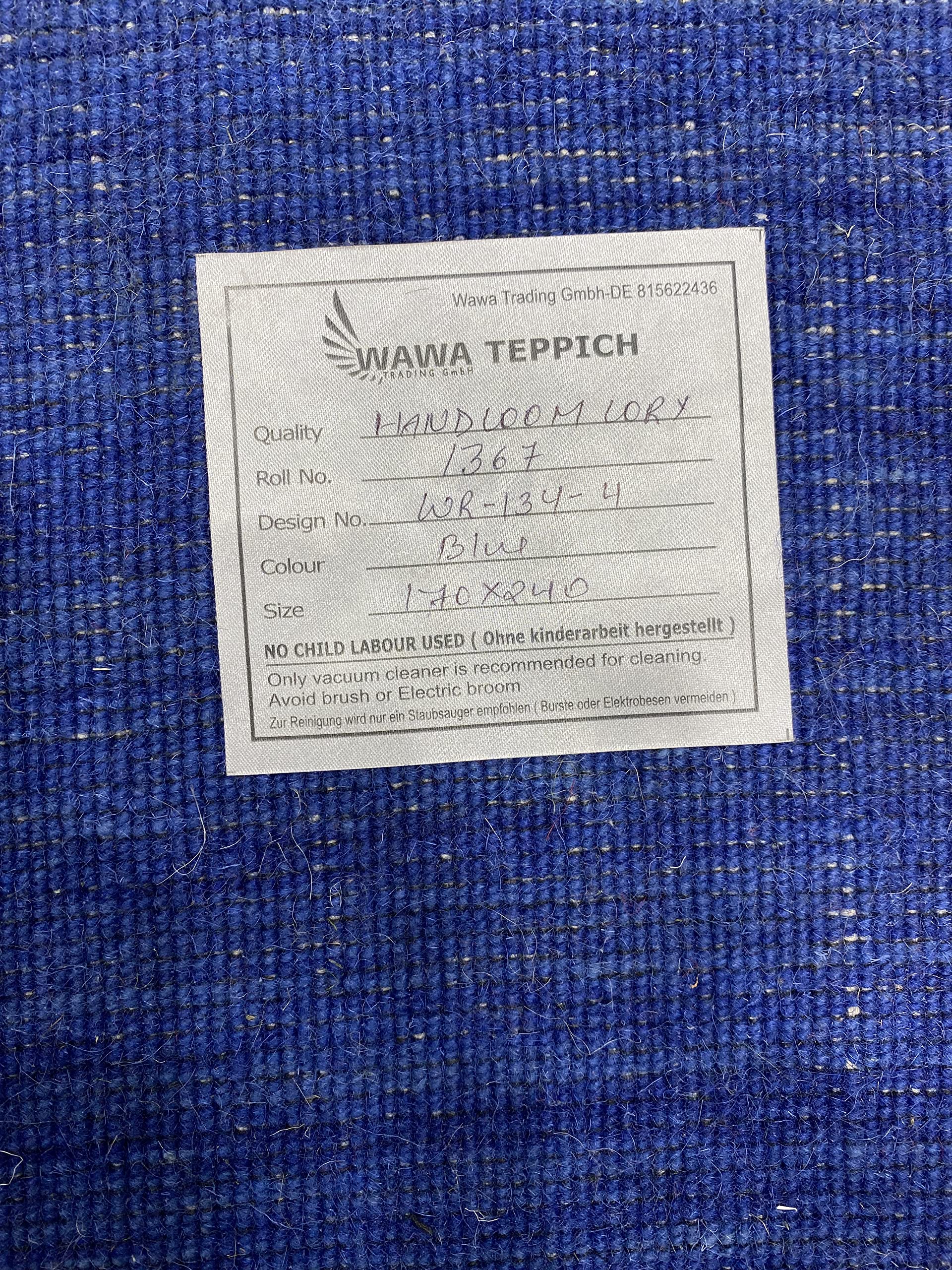 Teppich 100% Wolle Gabbeh 170x240 cm Handgewebt einfarbig gefärbt (Blau)