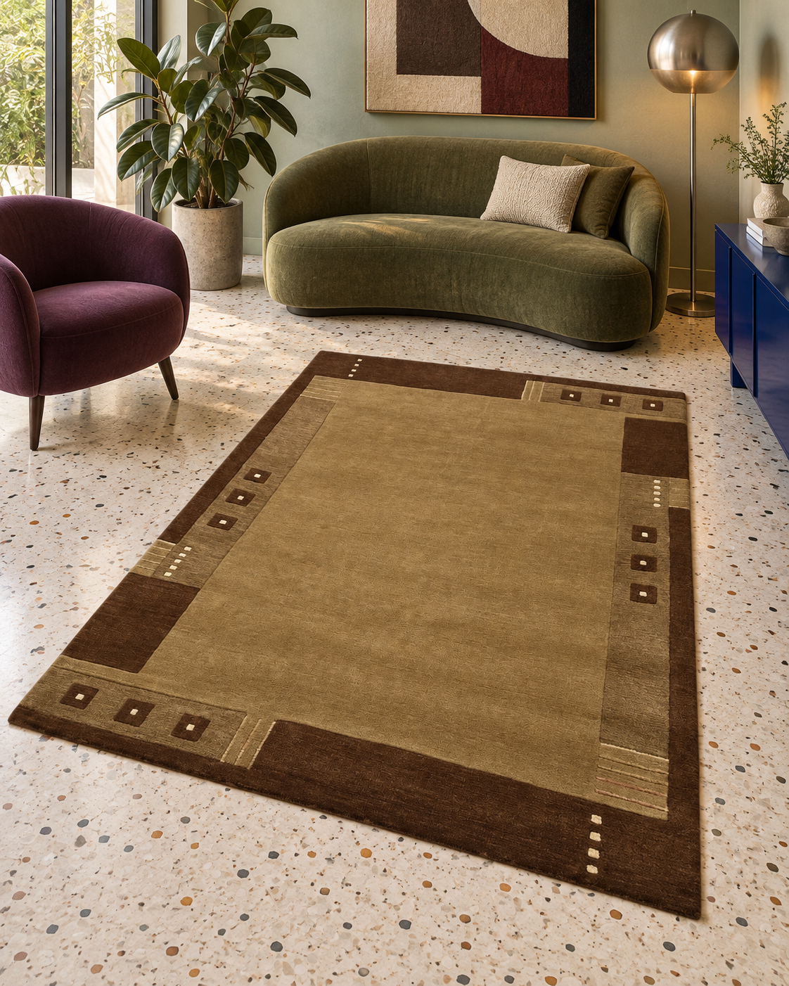 Alfombra color camel 140x200 cm 100% lana beige tufted a mano marrón T4