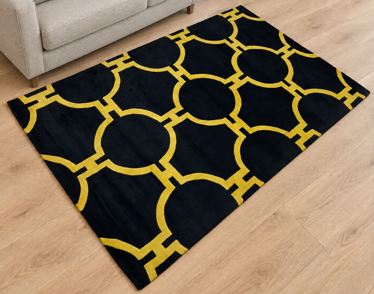 Juodas, geltonas ir auksinis kilimas, 100 % vilna, rankomis dygsniuotas, 150 x 240 cm, D117