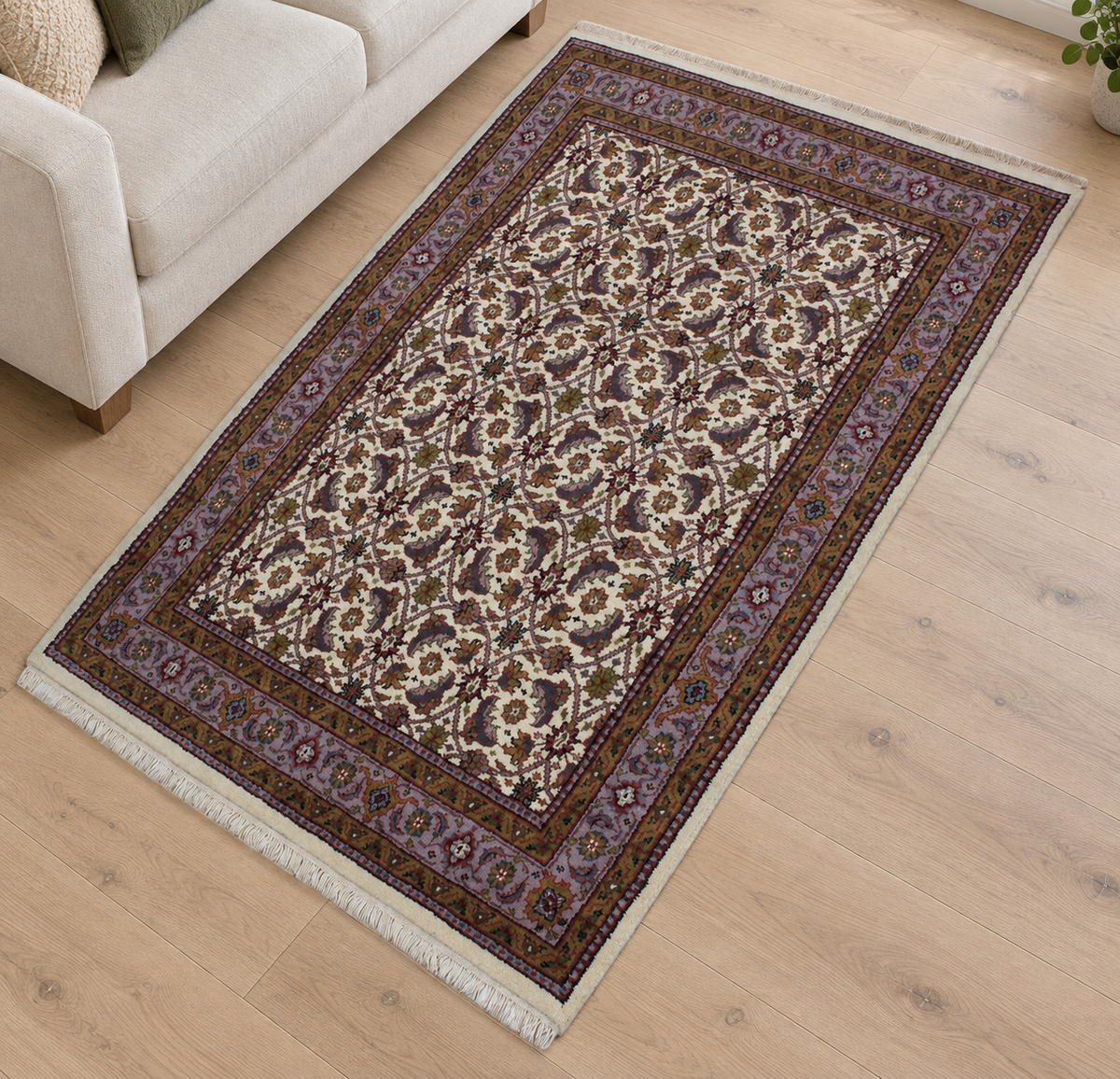 Tappeto in lana beige avorio, annodato a mano, 100% lana vergine, 155x230 cm, D9