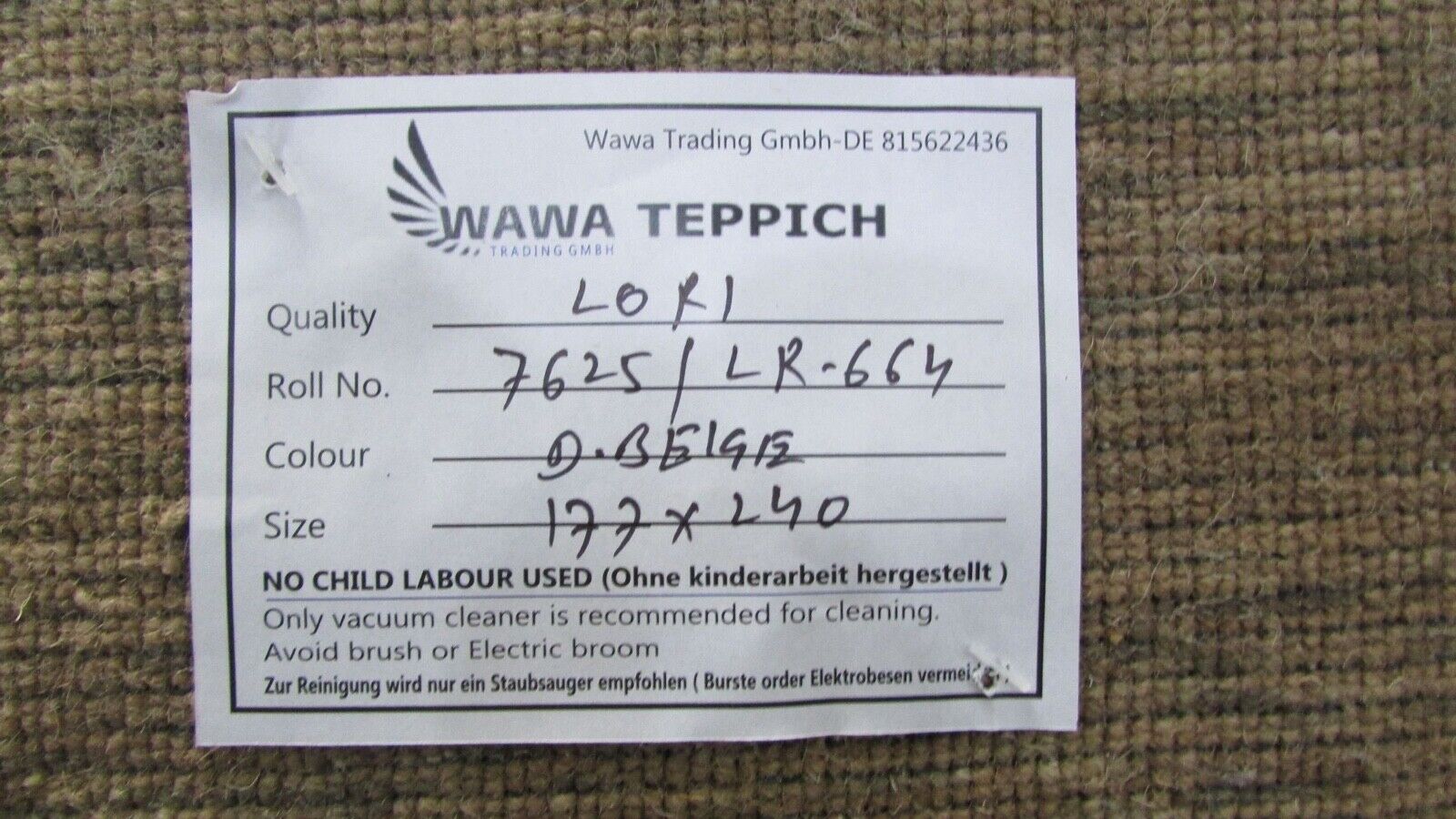 Alfombra Gabbeh Beige Oscuro 100% Lana 175x240 cm Tejida a Mano en Telar Lr663