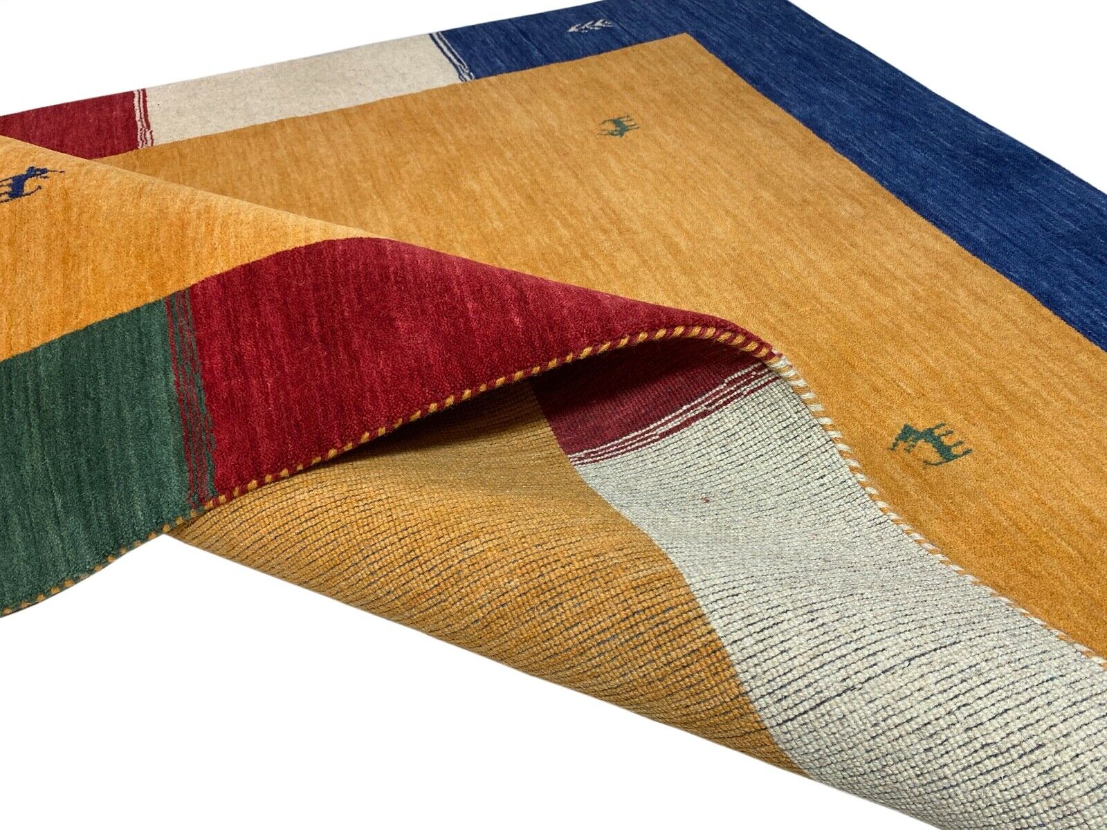 Gabbeh kilimas, auksinis, 100 % vilna, 120 x 180 cm, rankomis austas, Lori Debbich, spalvingas