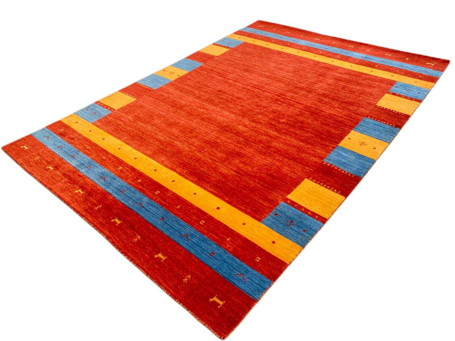 Gabbeh Teppich 100% Wolle 200x300 cm Rot Gold Blau Handgewebt Orientteppich 110