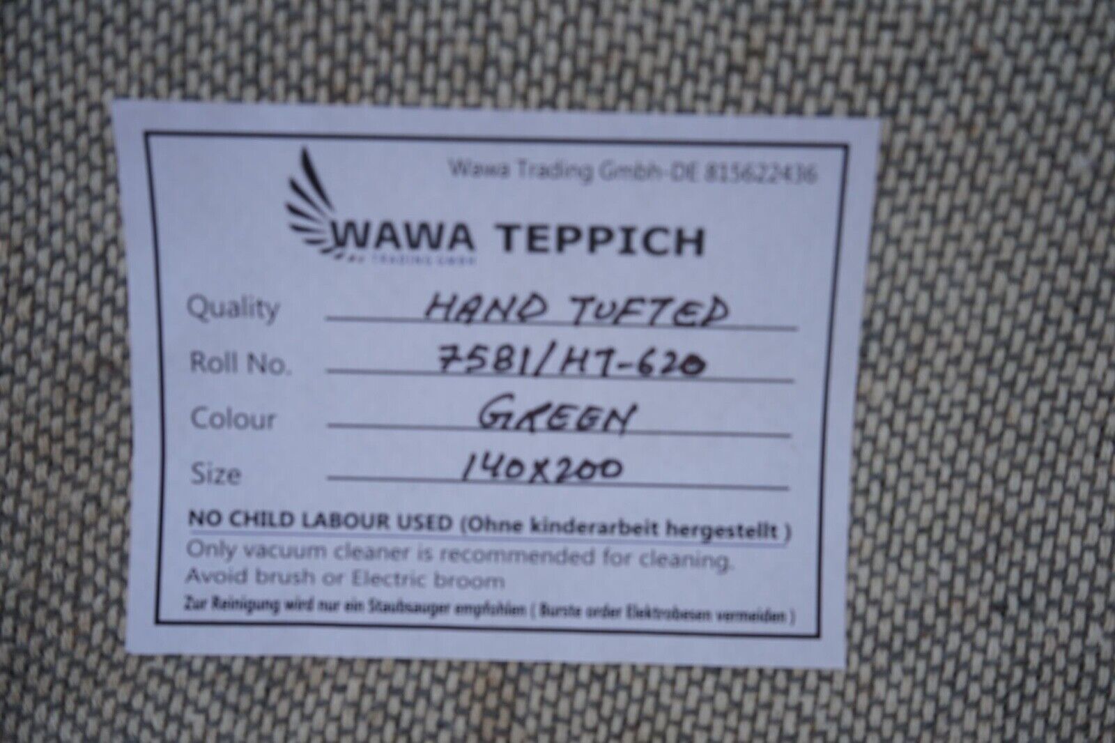 Grün Beige 140X200 cm Teppich 100% Wolle Orientteppich Handgetuftet HT620