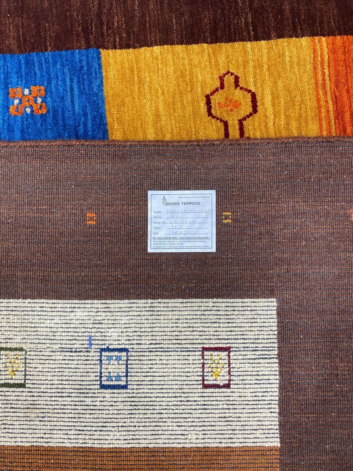 Gabbeh Teppich Braun Blau Gold 100% Wolle 170x240 cm Handgewebt Lori loom WR78