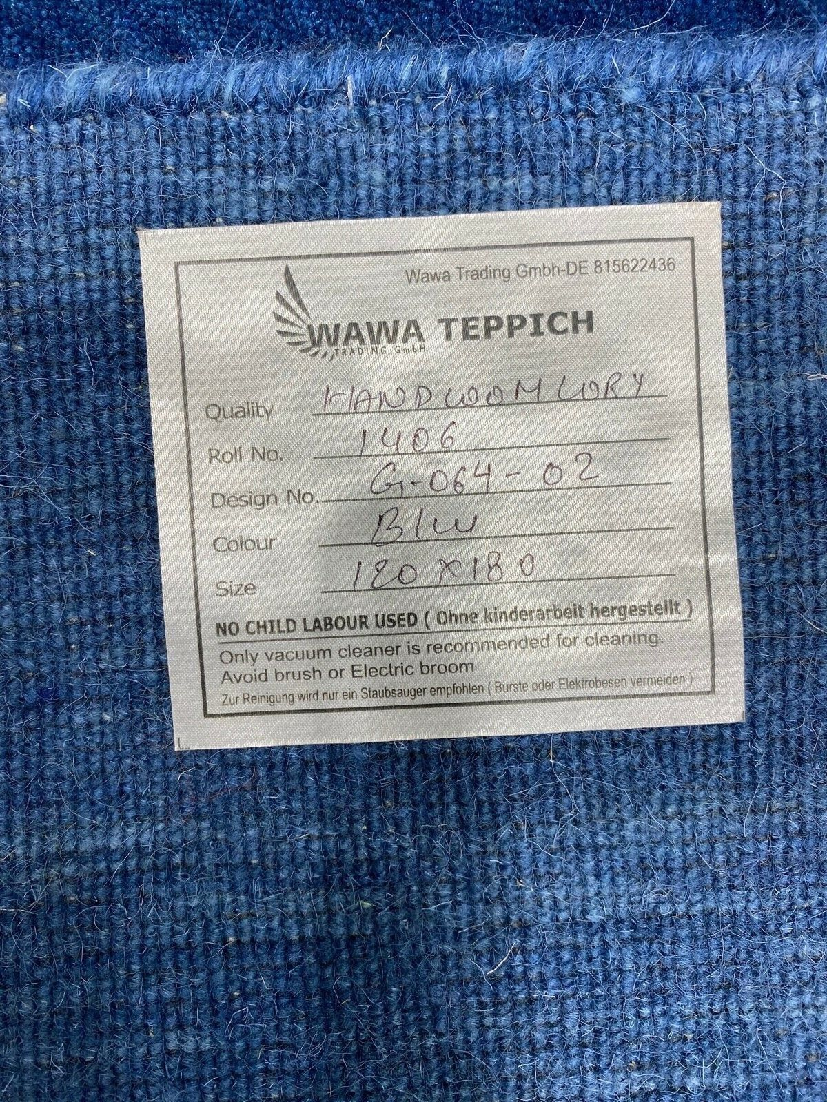 Blau Teppich 100% Wolle Gabbeh 120x180 cm Handgewebt einfarbig gefärbt G64