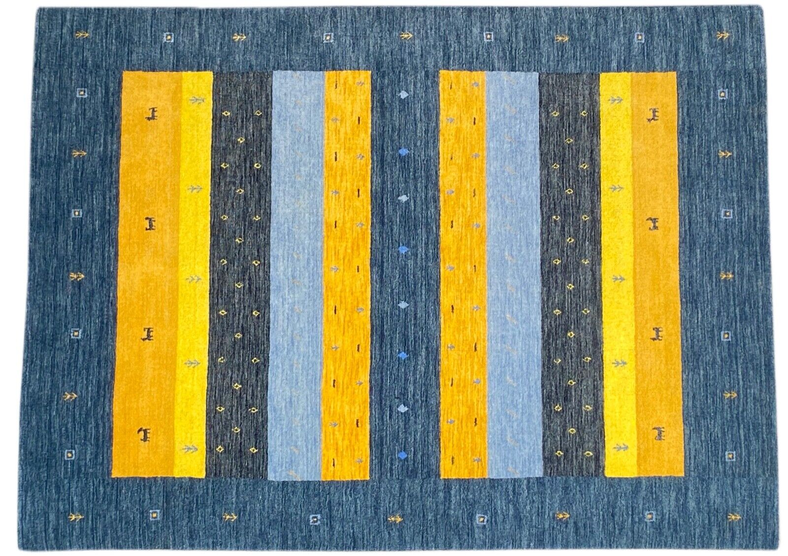 Grau Gabbeh Teppich 100% Wolle 170x240 cm Gold Blau Handgewebt Orientteppich 102