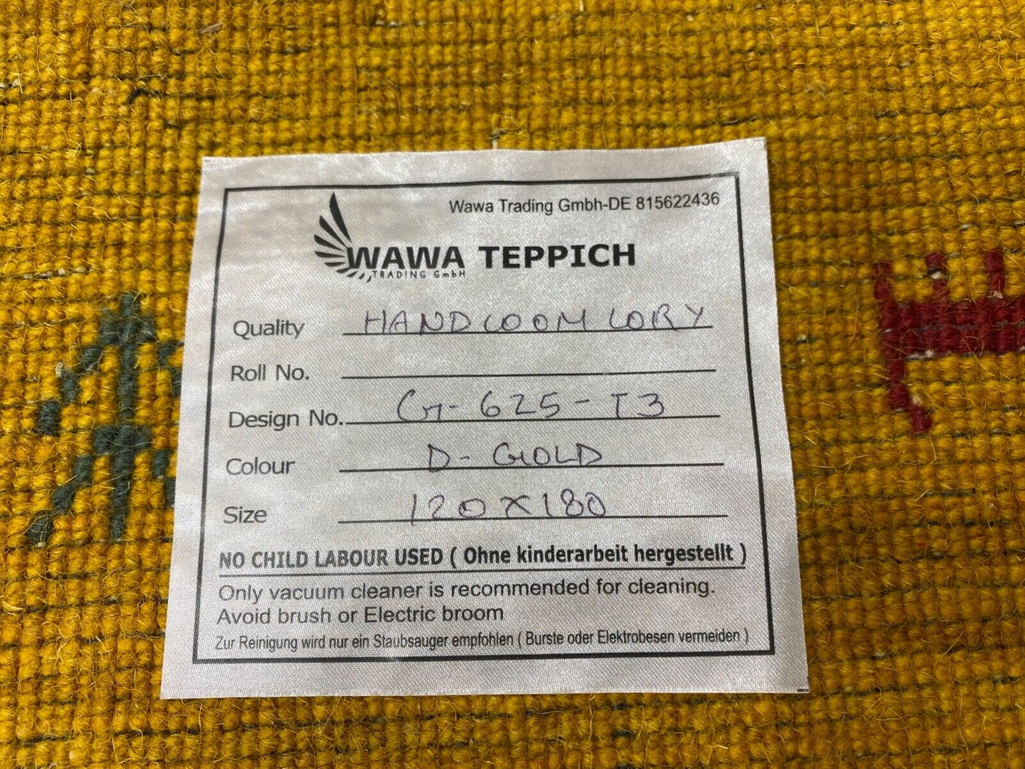 Gabbeh Gelb Teppich 120x180 cm Handgewebt 100% Wolle Lori loom Debbich G265T3