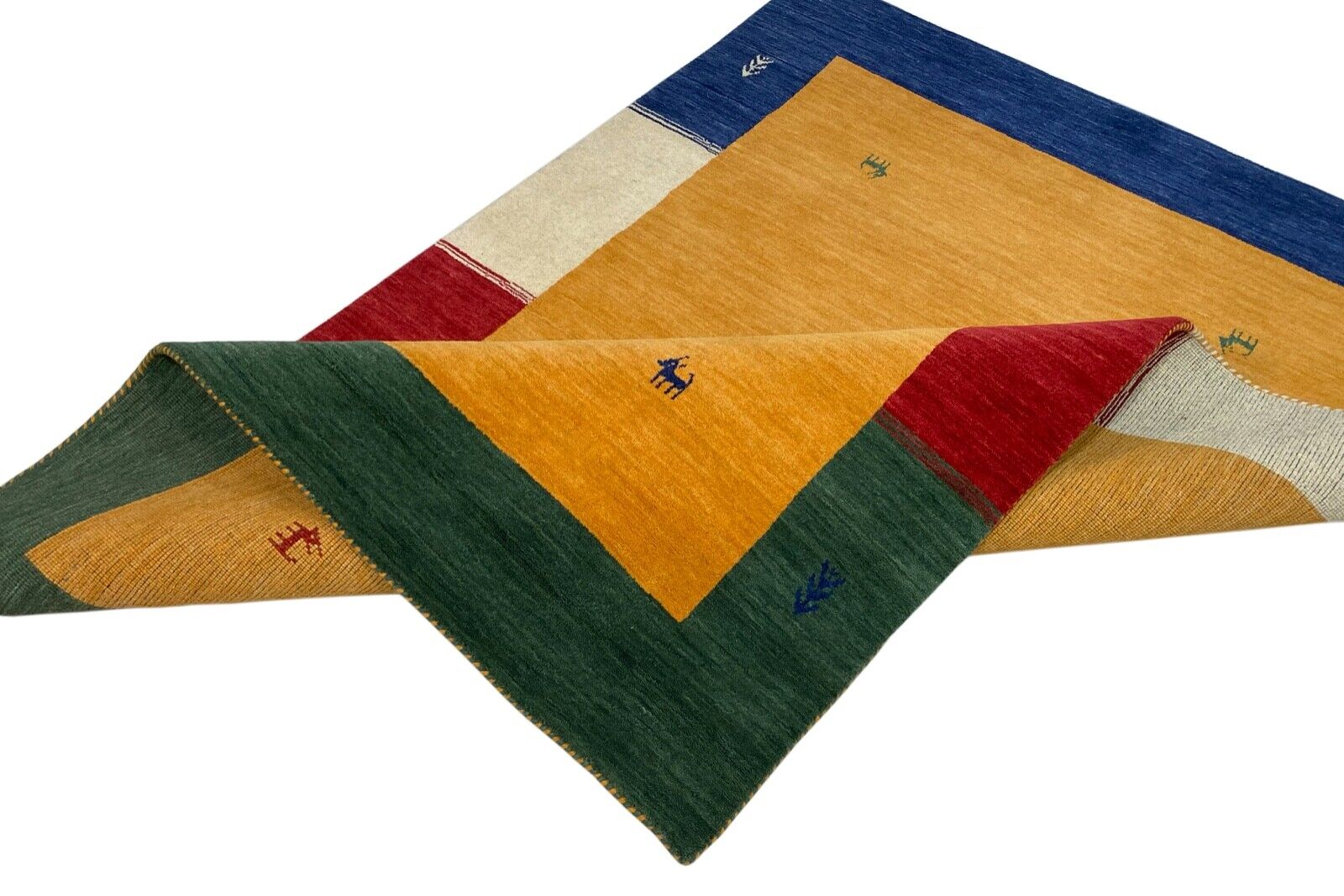 Gabbeh kilimas, auksinis, 100 % vilna, 120 x 180 cm, rankomis austas, Lori Debbich, spalvingas