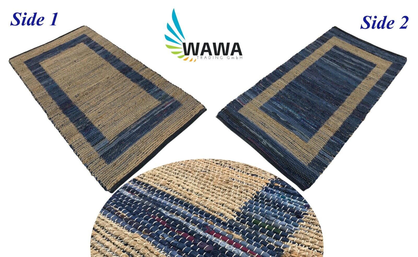 Kilim Teppich 90x160 cm Chindi Durry Dhurrie Baumwolle Jute Beidseitig Nutzbar