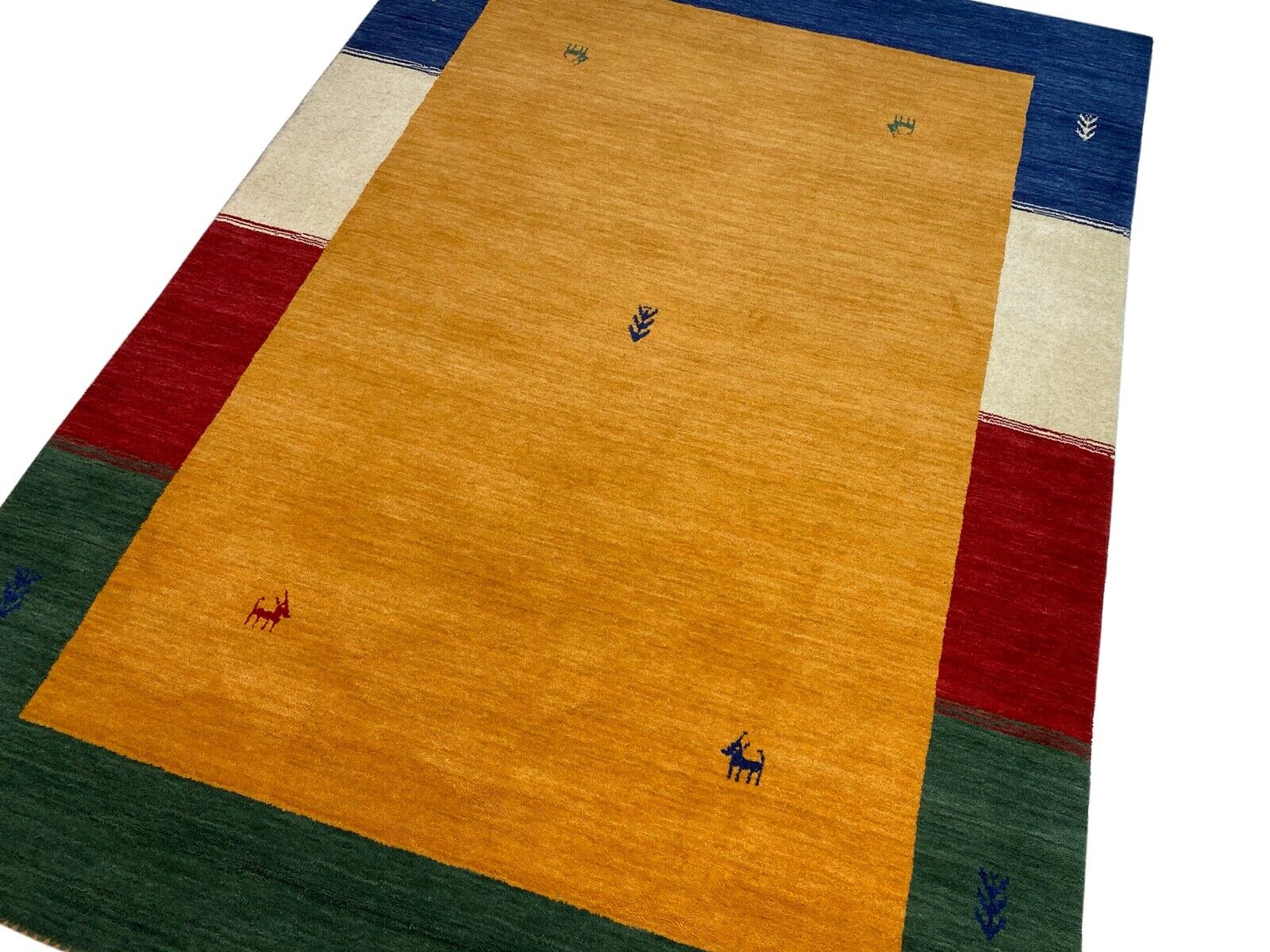 Gabbeh kilimas, auksinis, 100 % vilna, 120 x 180 cm, rankomis austas, Lori Debbich, spalvingas