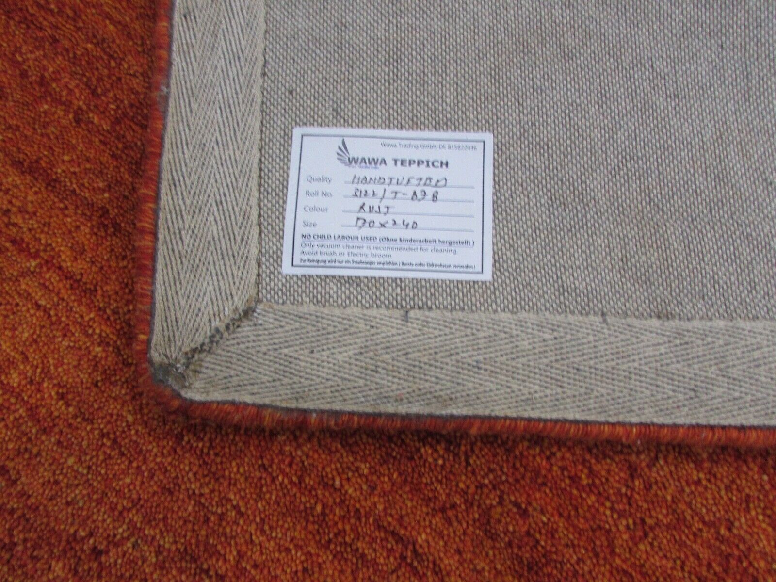 orange terracotta Gabbeh Teppich 100% Wolle 170X240 cm uni Handgetuftet T878