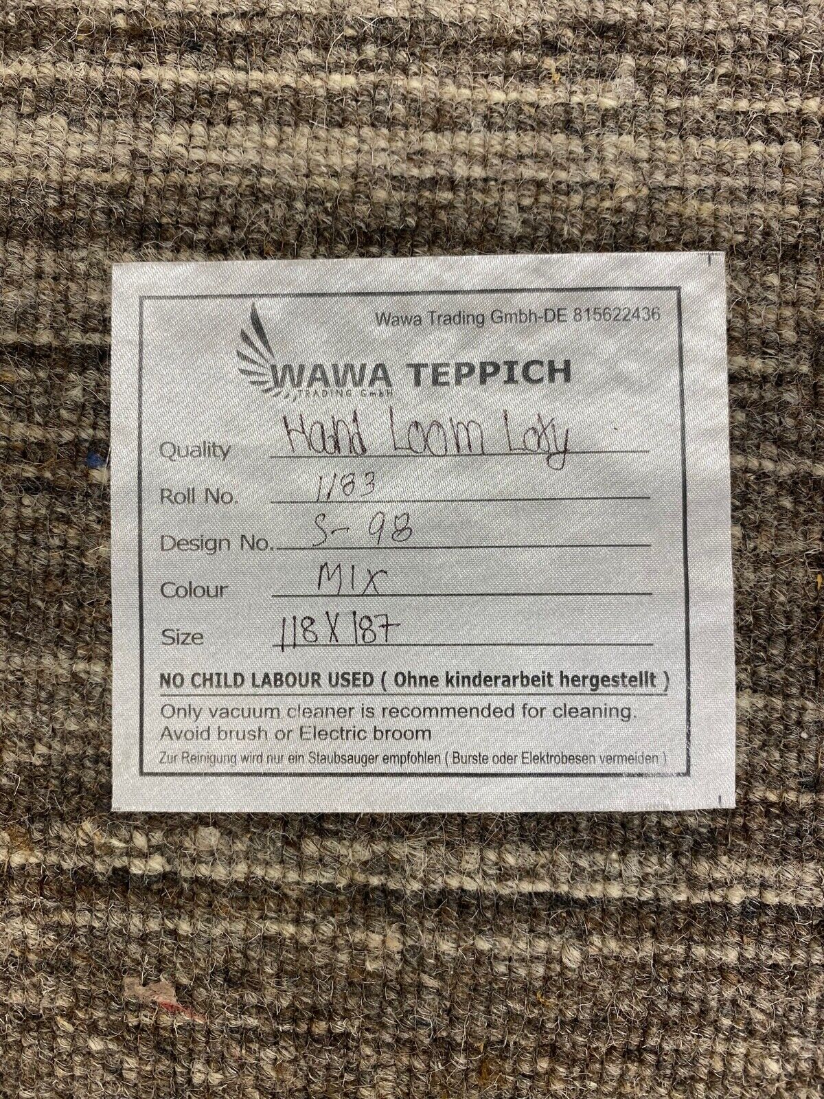 Teppich 100% Wolle Grau Beige Gabbeh lori Handgewebt 118x187 cm Naturwolle S98