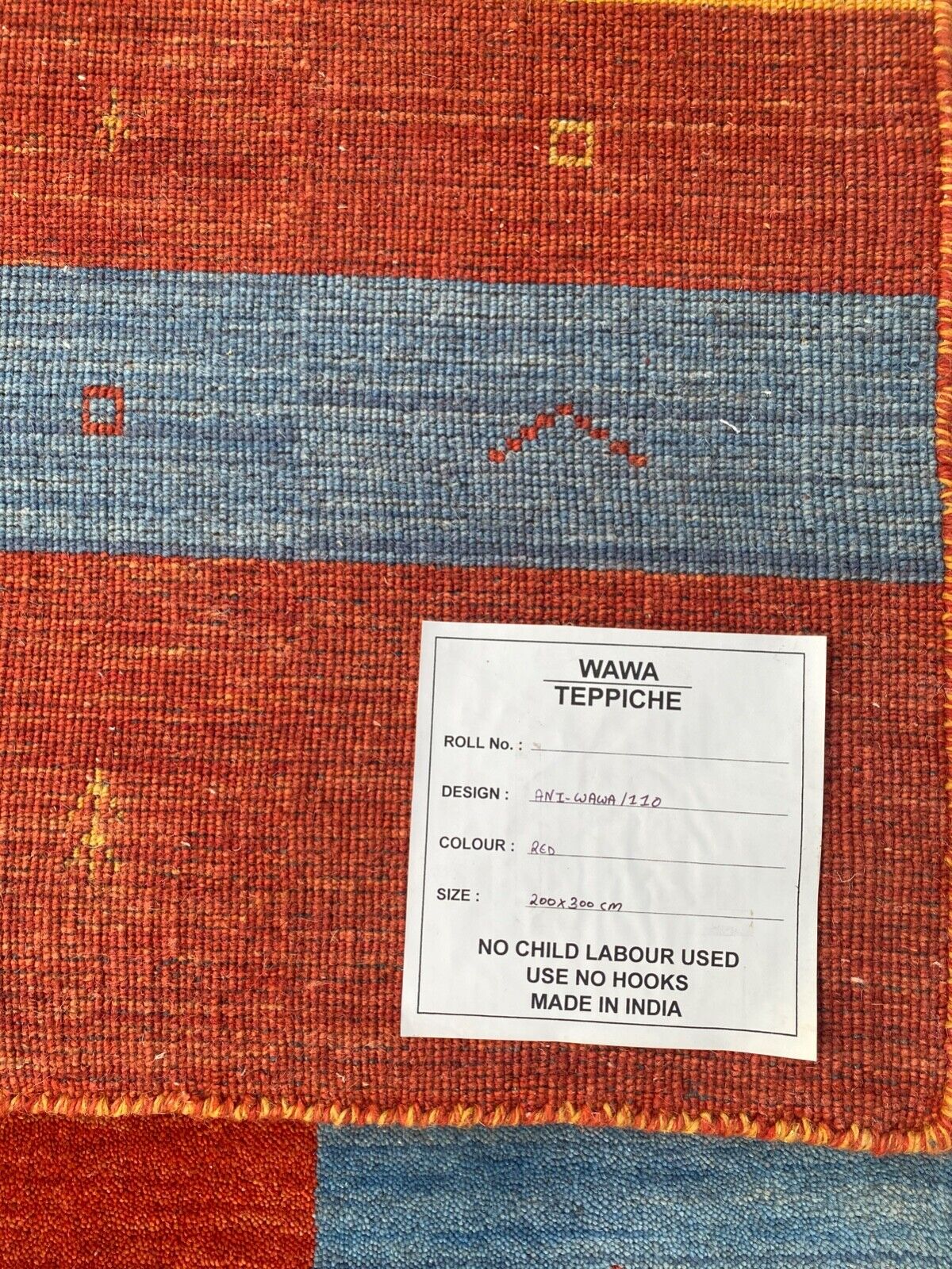Gabbeh Teppich 100% Wolle 200x300 cm Rot Gold Blau Handgewebt Orientteppich 110