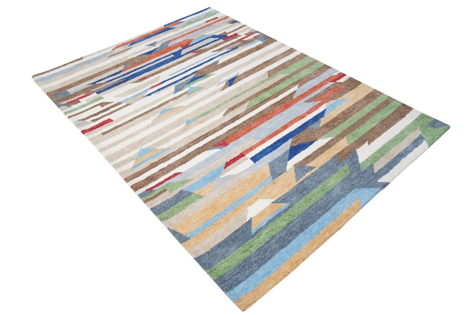 Tappeto colorato, 100% lana, 160x230 cm, blu e arancione, tappeto orientale, annodato a mano, HT415