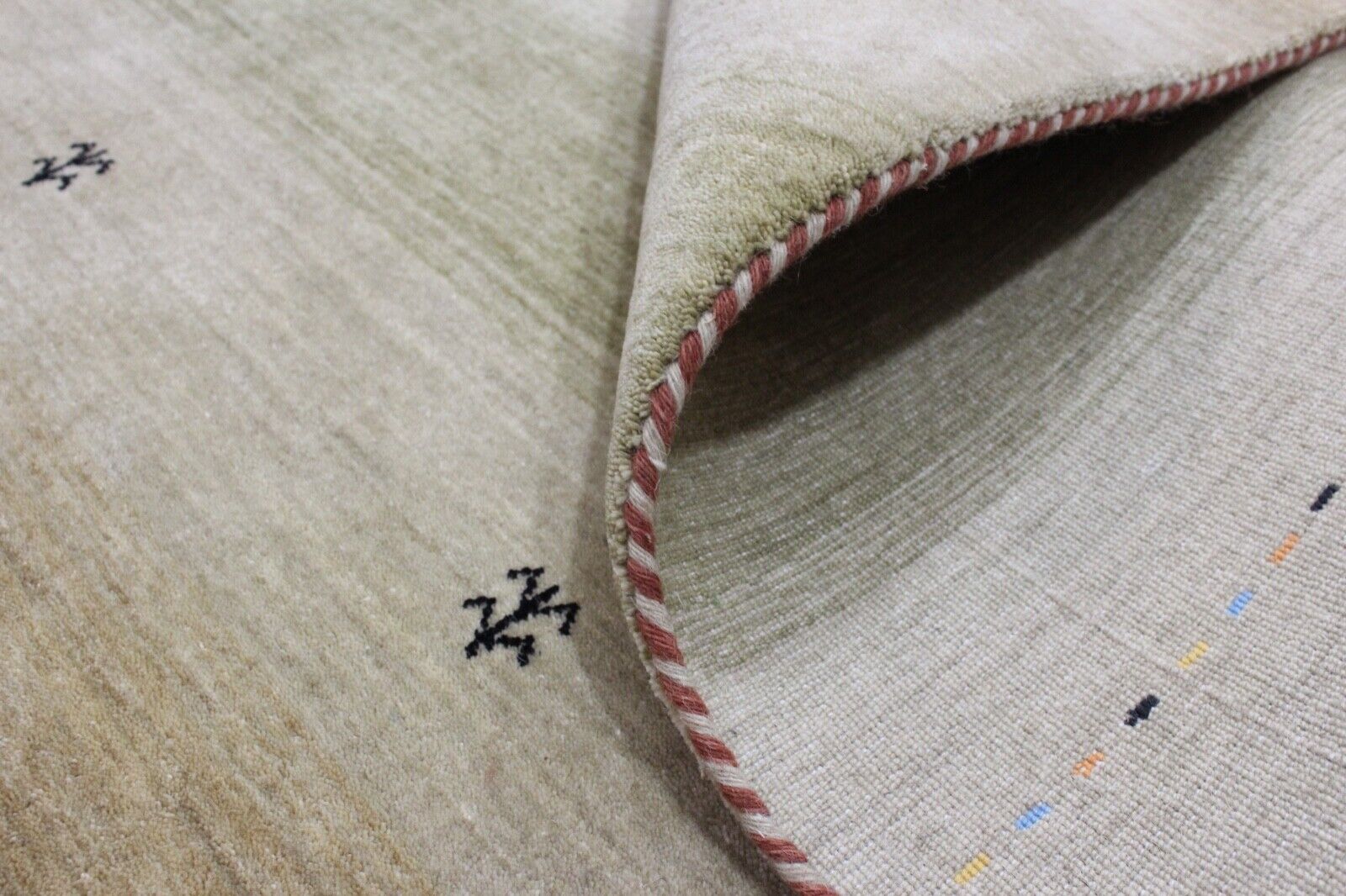 Preproga Gabbeh, zelena, oranžna, bež, 100 % volna, 170 x 240 cm, orientalsko ročno tkana, Lr456