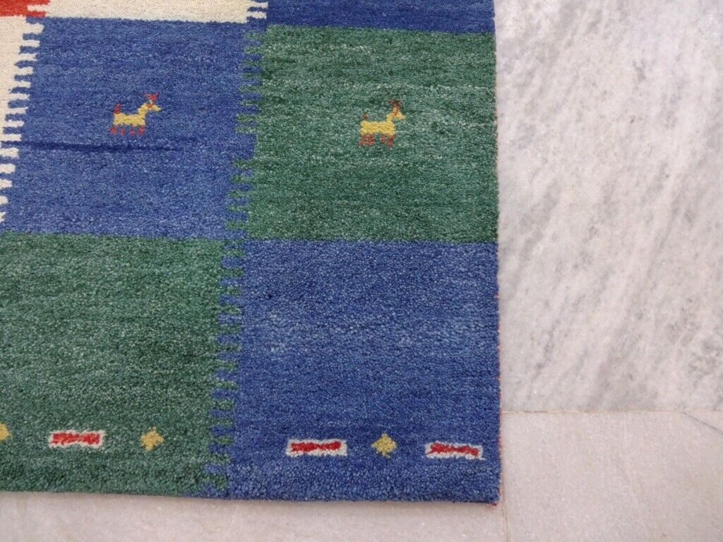 Gabbeh Teppich 93x150 cm Handgeknüpft  ~ 100% Wolle ~ Blau Beige Grau Orange M6