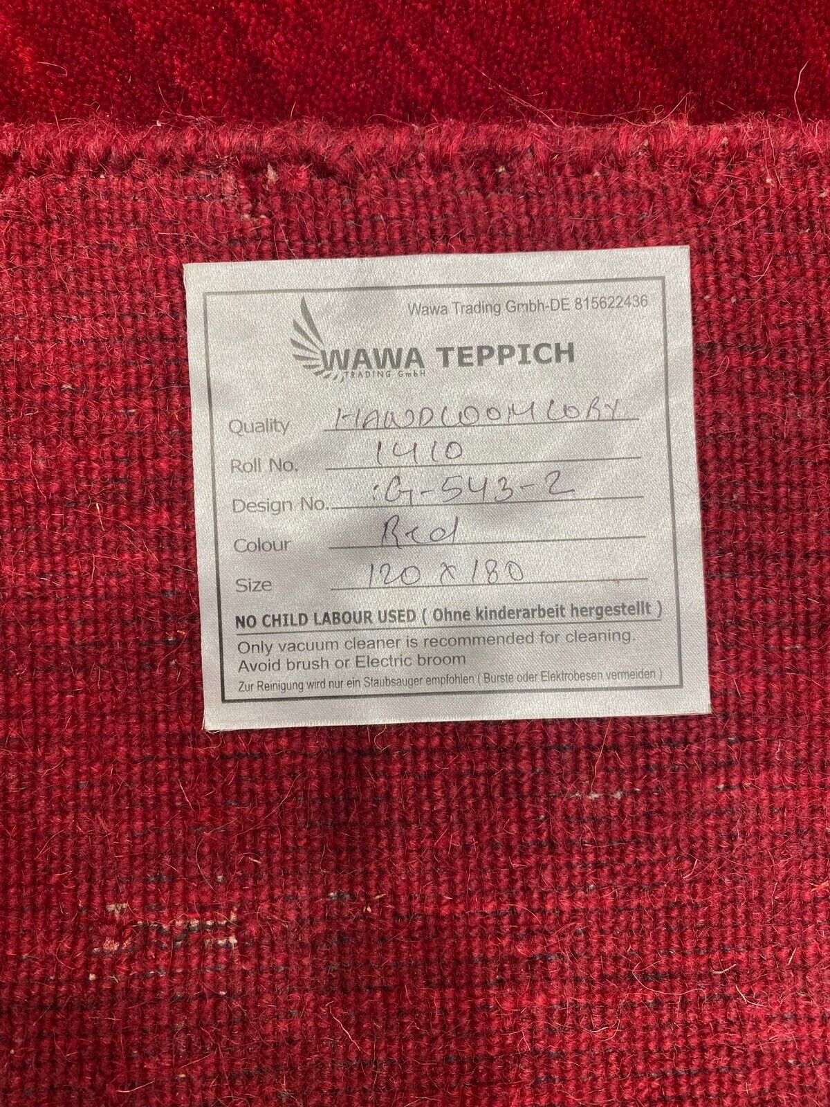 Rot Teppich 100% Wolle Gabbeh 120x180 cm Handgewebt einfarbig gefärbt G543