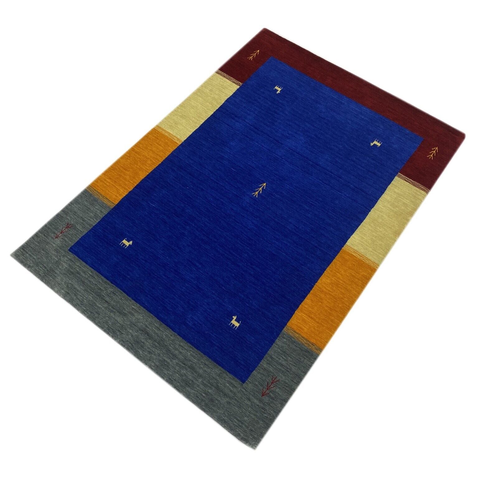 Teppich 100% Wolle Blau Gabbeh 170x240 cm Rot Beige Gold Grau Handgewebt WR133