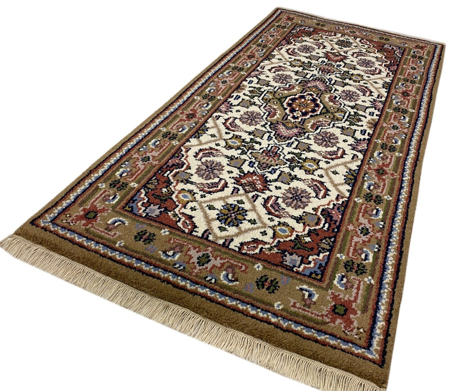 Beige Braun Teppich 100% Wolle Handgeknüpft Orientteppich  70X140 cm D11