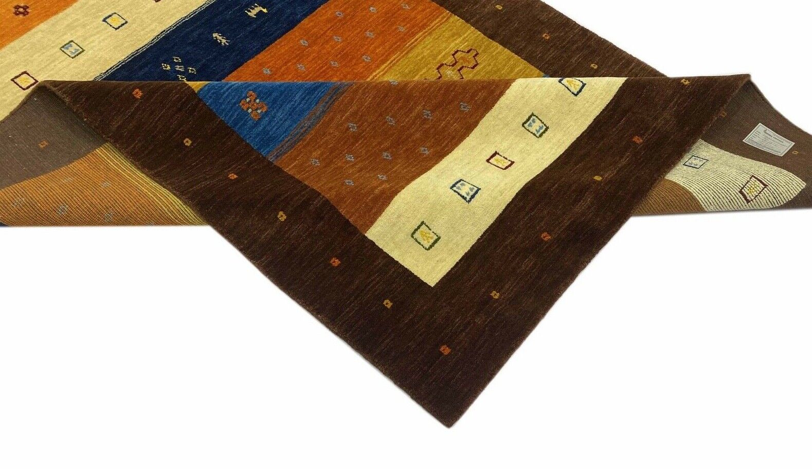 Gabbeh Teppich Braun Blau Gold 100% Wolle 170x240 cm Handgewebt Lori loom WR78