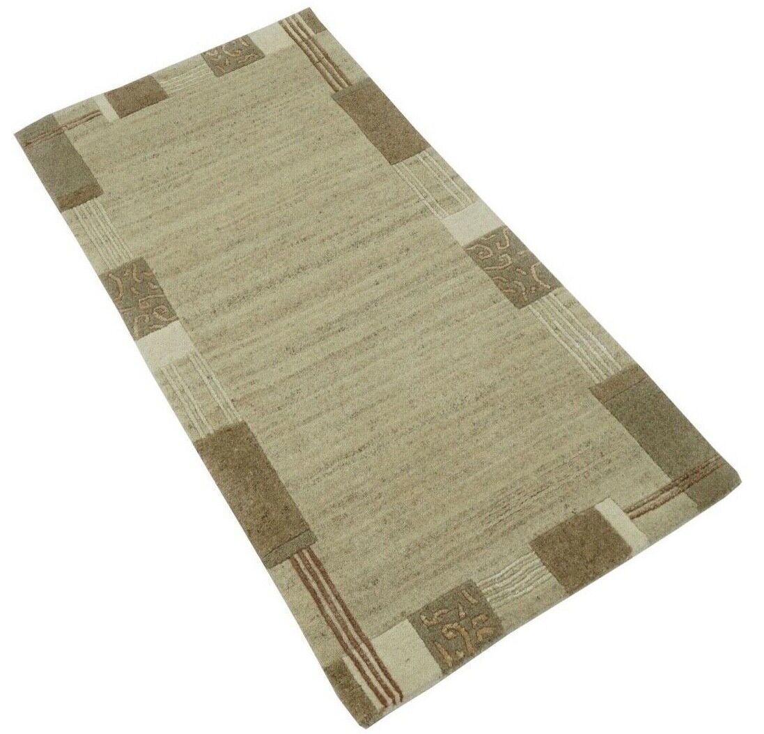 Nepal Teppich Handgeknüpft Beige Braun100% Wolle Orientteppich 75x140 cm N-770